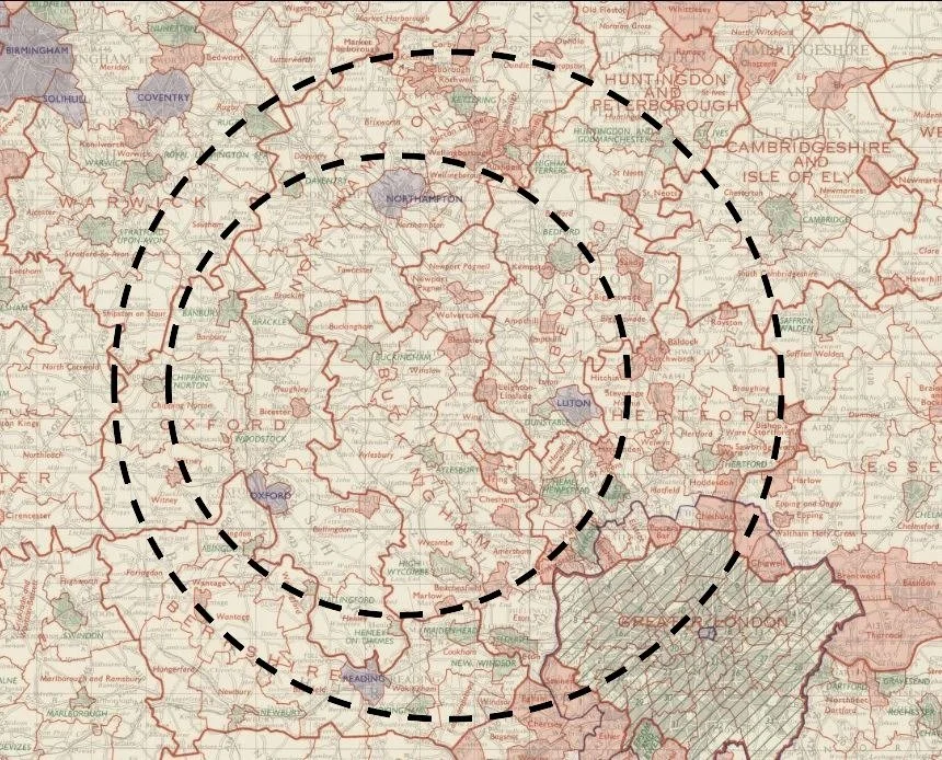 Map of England with two dashed circles overlaying the central and southeastern regions.