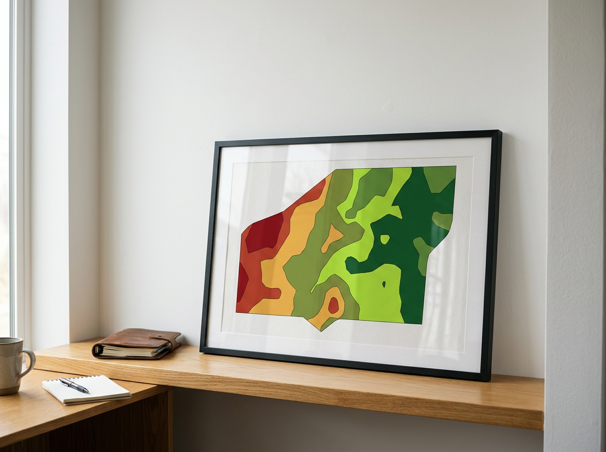 A framed map with color-coded regions in red, orange, yellow, and green, resting on a wooden shelf near a window.
