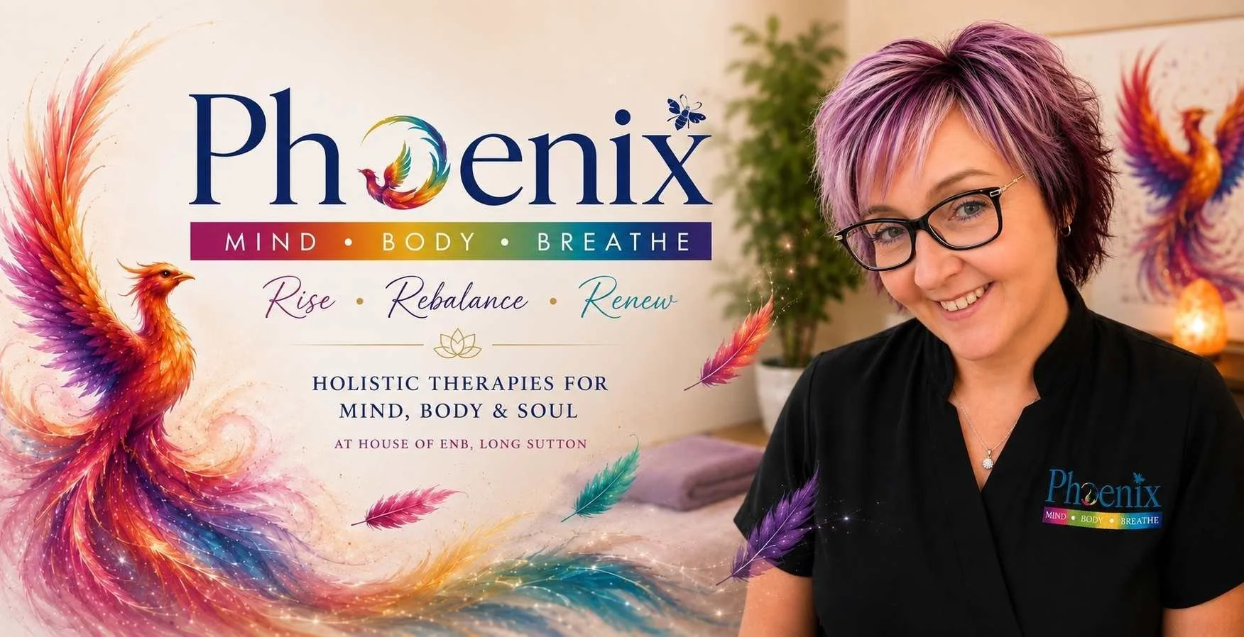 Bee from Phoenix Mind Body Breathe offering holistic therapies in Long Sutton, alongside the colourful Phoenix branding.