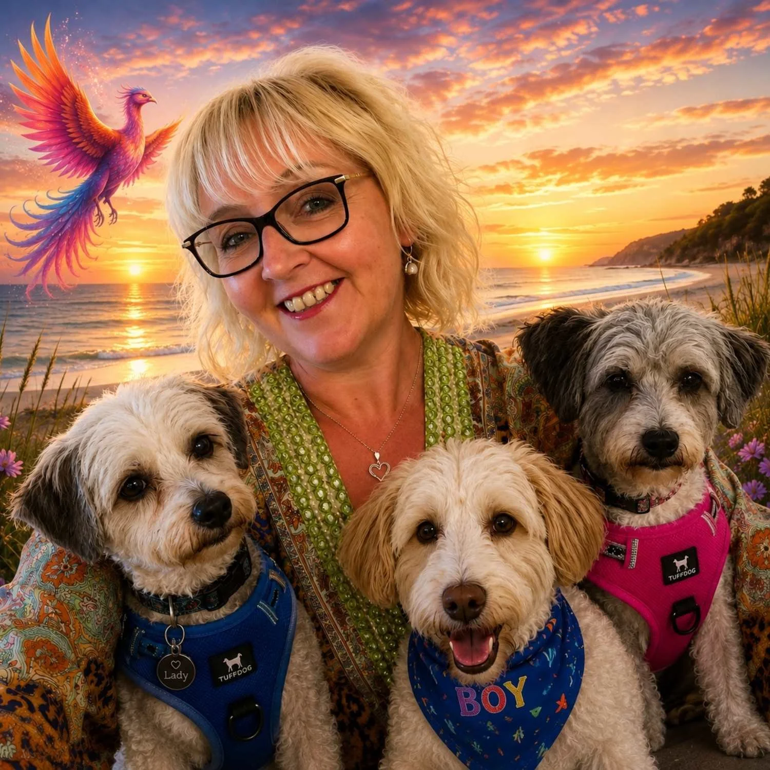 Bee from Phoenix Mind Body Breathe with her three dogs against a colourful sunset beach scene with a phoenix.