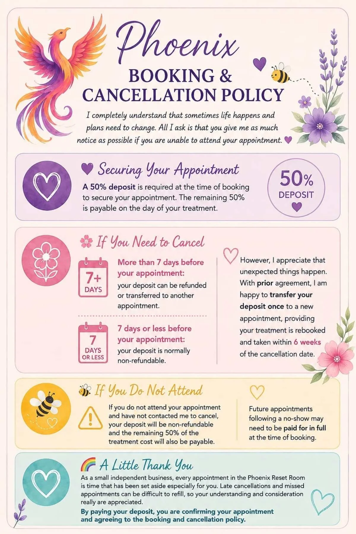 Phoenix Mind Body Breathe booking and cancellation policy, including deposit, cancellation, missed appointment and rebooking information.