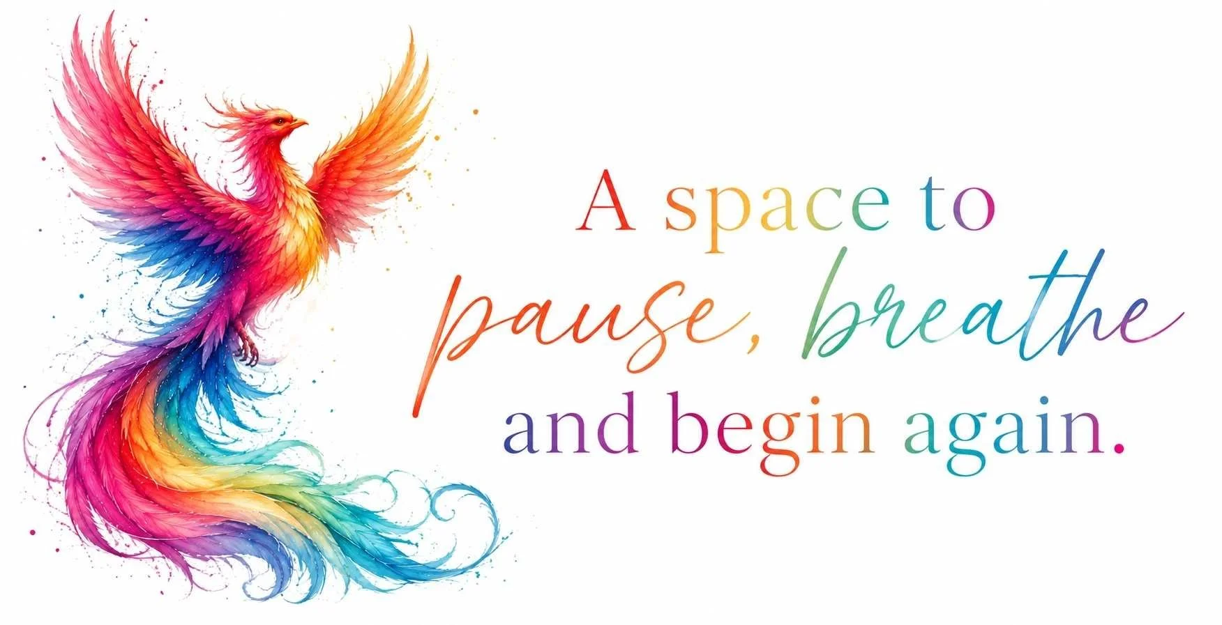 Colourful phoenix artwork with the words ‘A space to pause, breathe and begin again’ for Phoenix Mind Body Breathe in Long Sutton