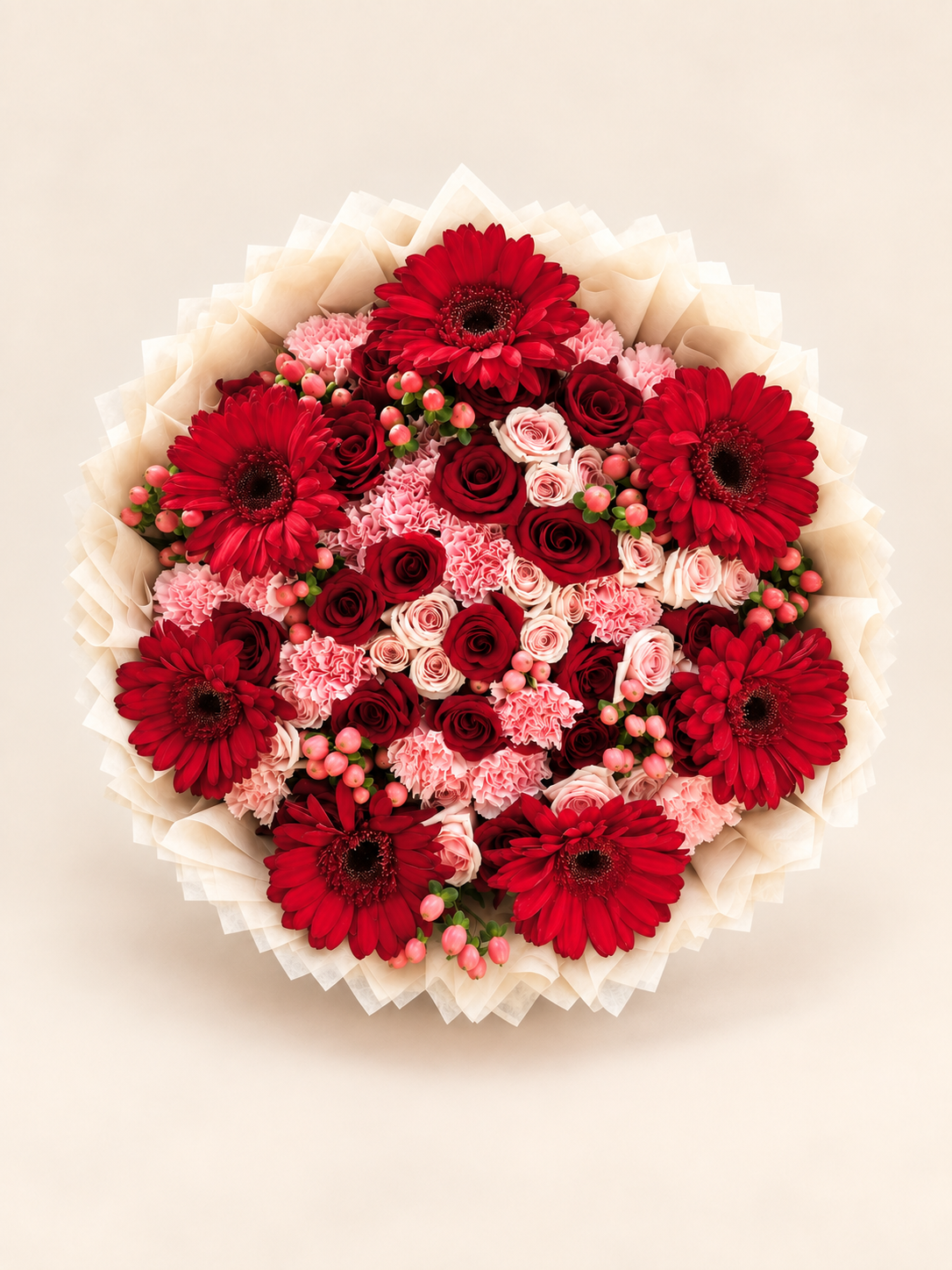 Red gerbera, rose and carnation bouquet.png