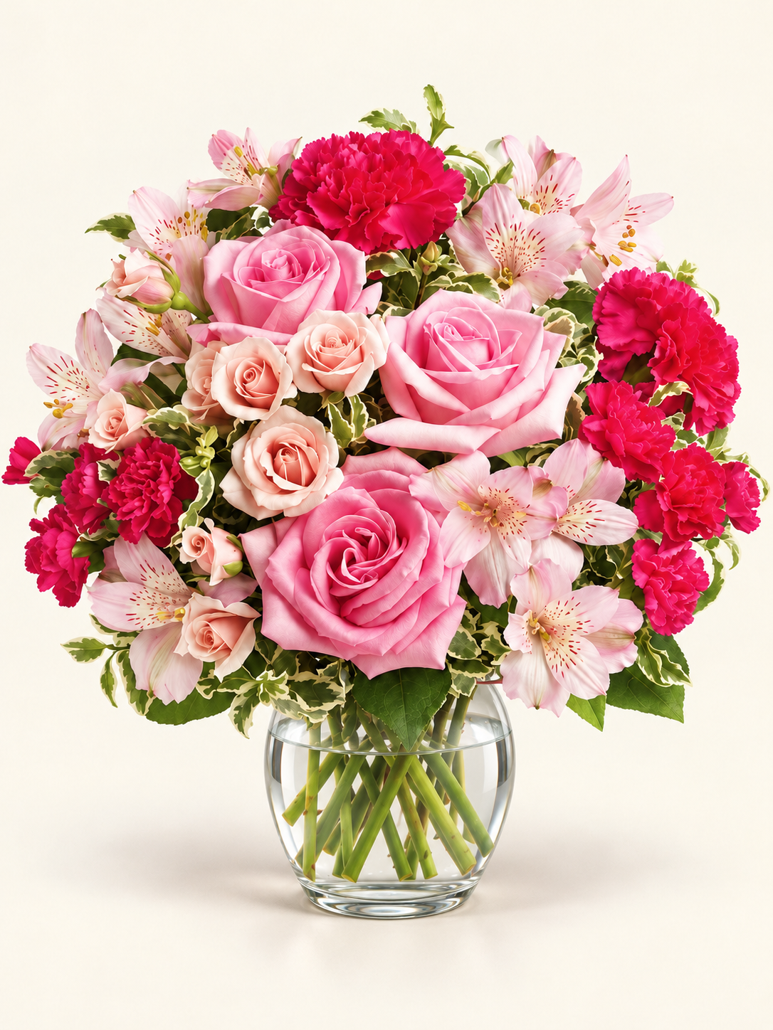 Pink floral arrangement in round glass vase.png
