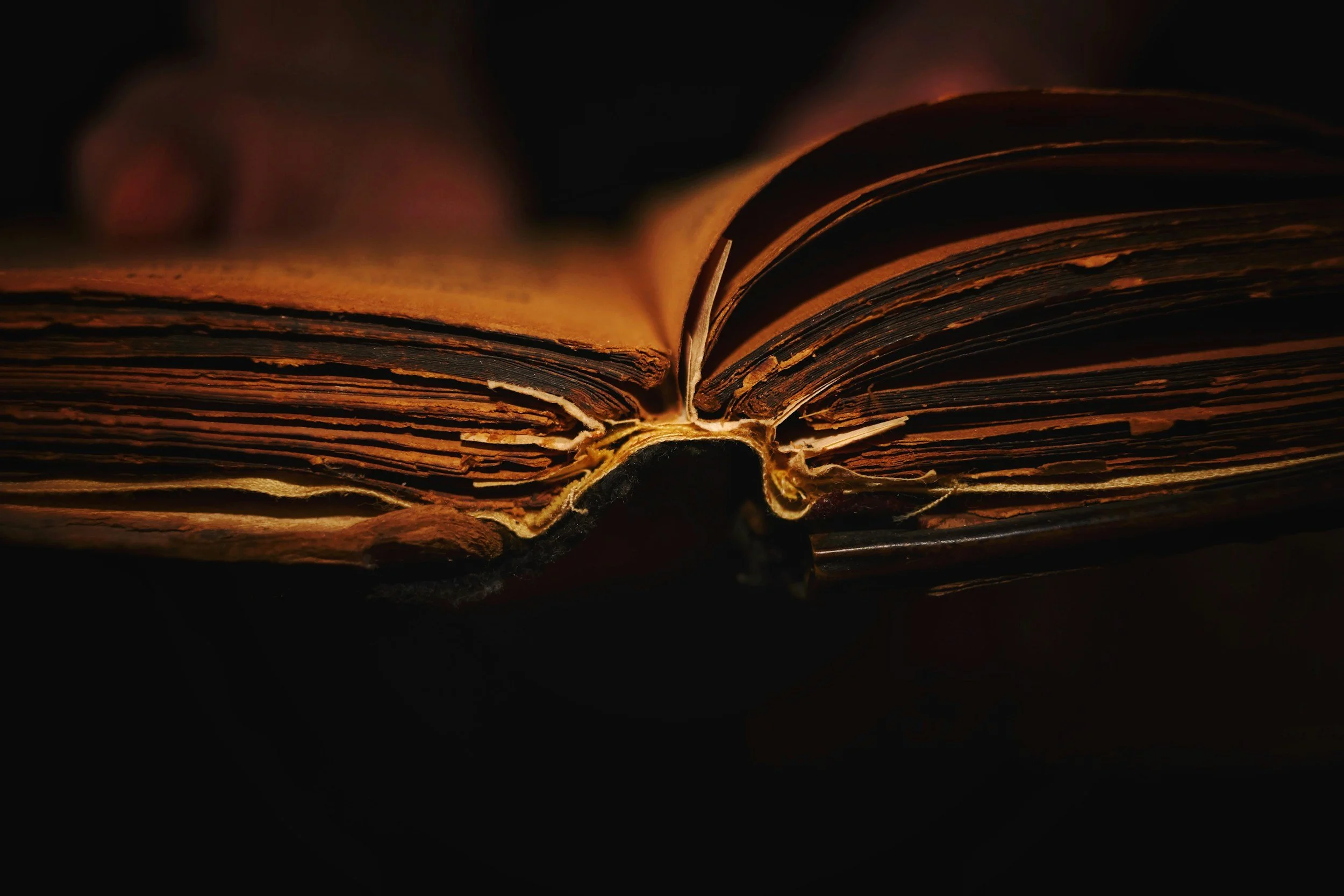 Close-up of an open, old book with yellowed and worn pages, illuminated by warm light against a dark background.
