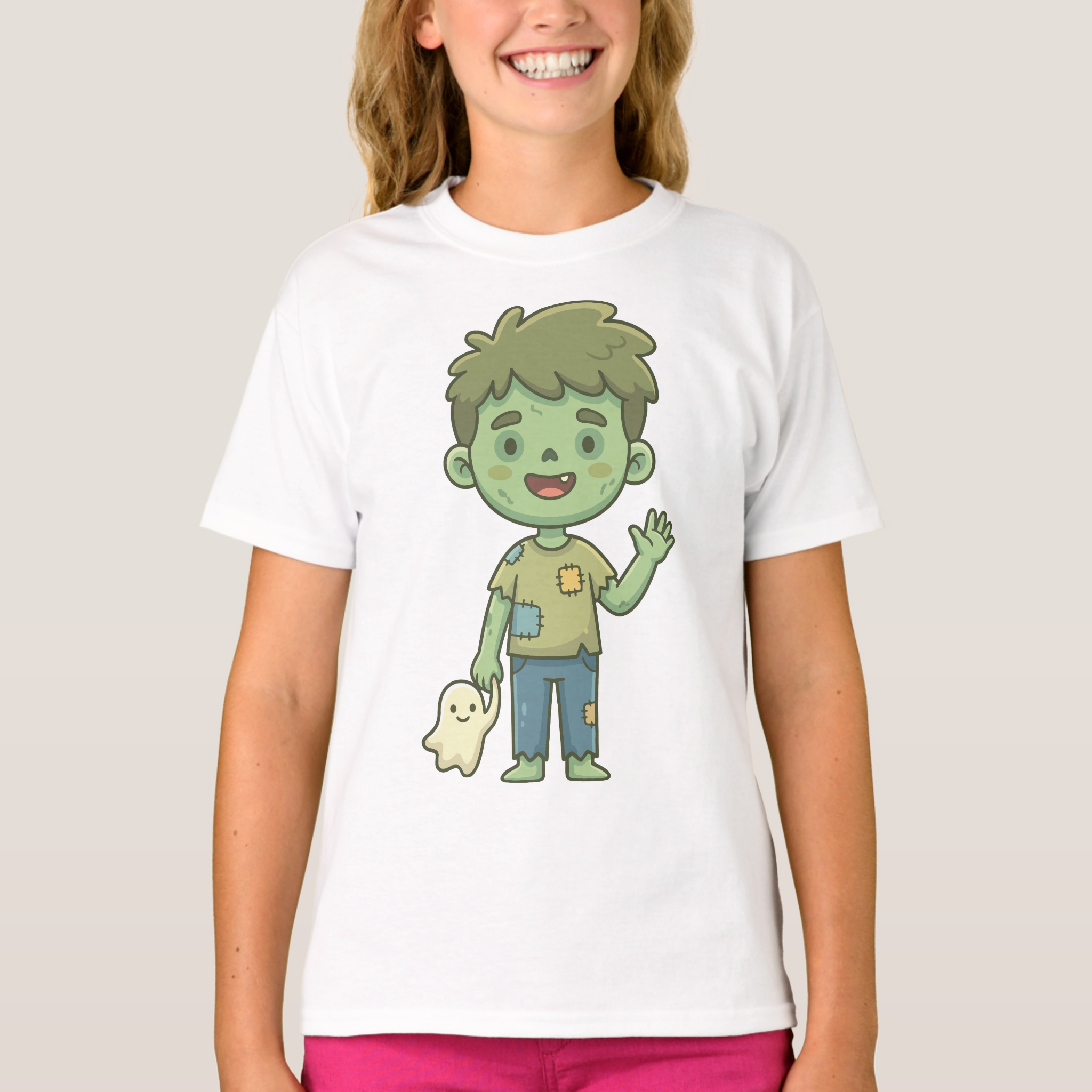 Zazzle Cute Zombie Boy Waving with Friendly Ghost T-Shirt (Front).png
