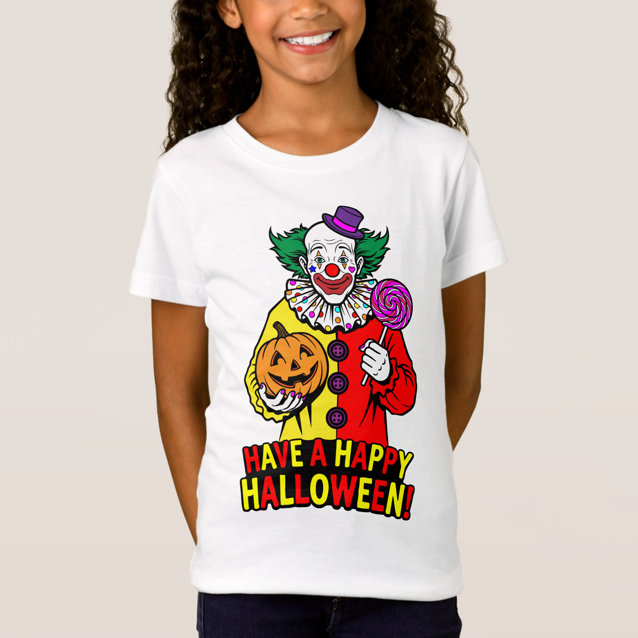 Zazzle Have a Happy Halloween Friendly Clown Design T-Shirt (Front).png