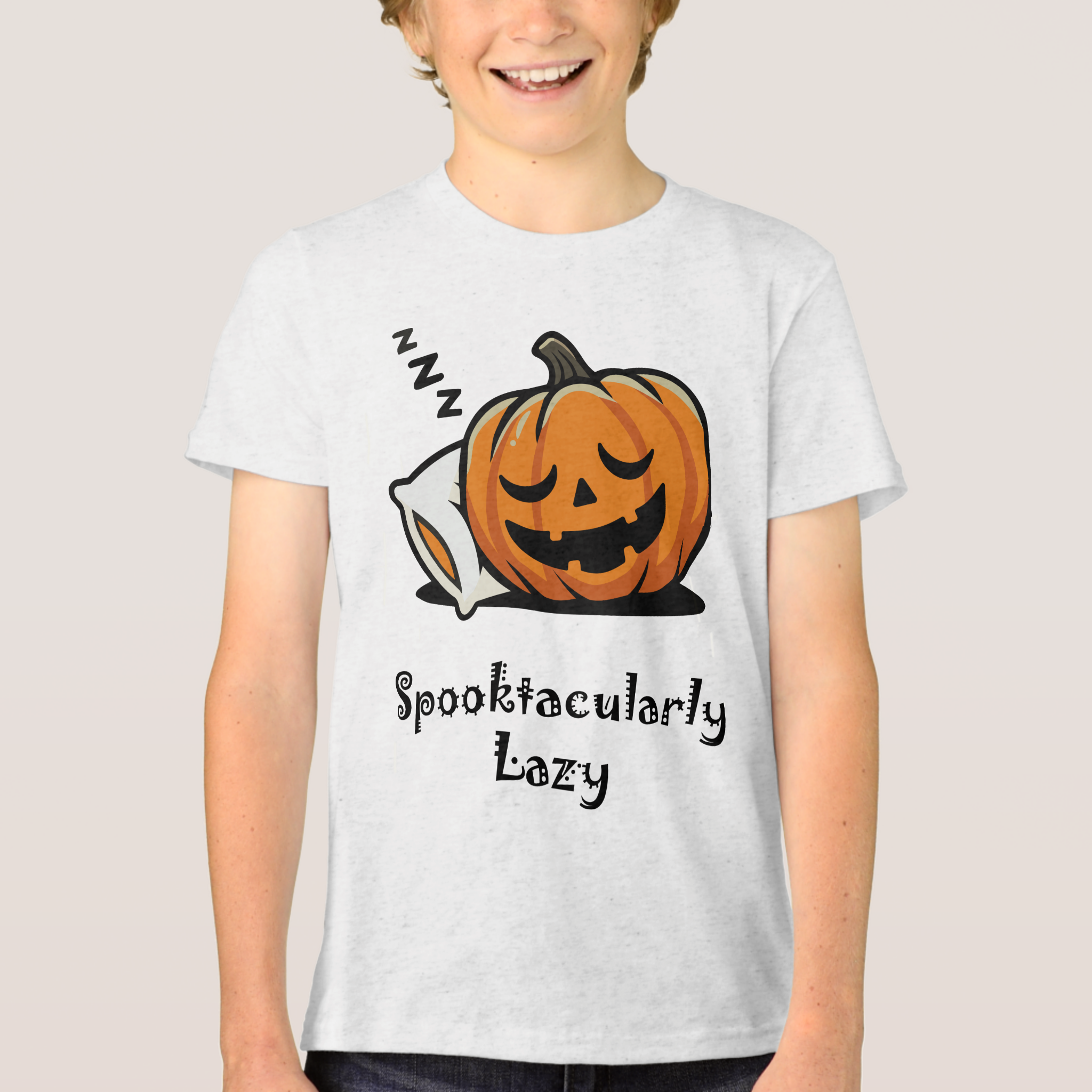 Zazzle Spooktacularly Lazy Sleeping Pumpkin Halloween Tri-Blend Shirt (Front).png