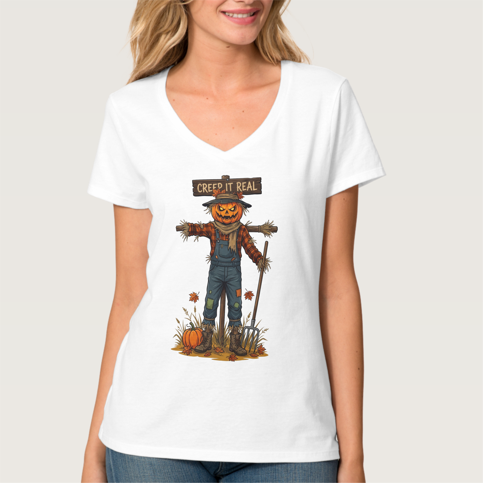 Zazzle Creep It Real Scarecrow Pumpkin Halloween Design T-Shirt (Front).png