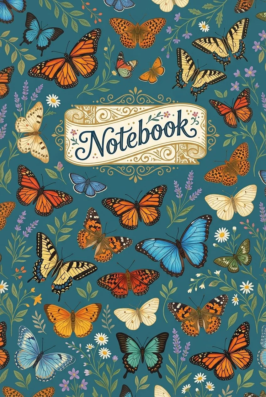 Decorative notebook cover featuring colorful butterflies, flowers, and greenery with the word 'Notebook' in the center.