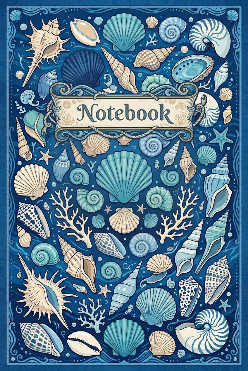 Blue notebook cover decorated with various seashells, starfish, coral, and spiral shells, with the word "Notebook" in the center.