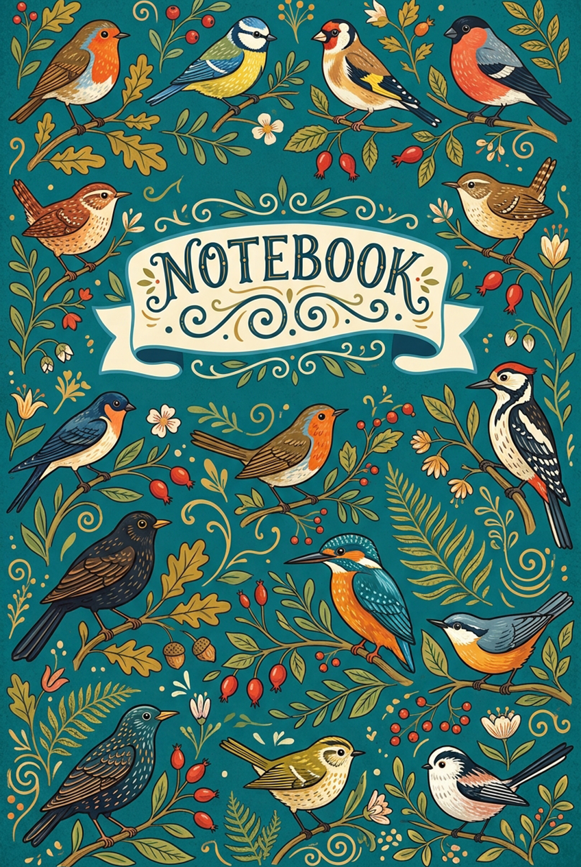 Cover of a notebook featuring colorful illustrations of various songbirds perched on branches with leaves, flowers, and berries, with the word 'NOTEBOOK' in a decorative banner in the center.