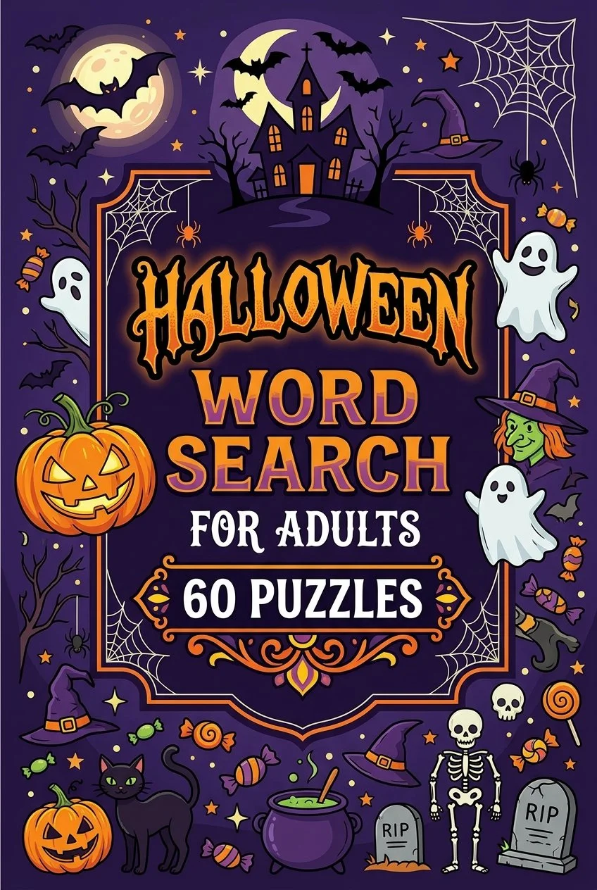 Colorful Halloween-themed cover for a word search puzzle book for adults, featuring pumpkins, ghosts, witches' hats, skeletons, spiders, bats, a haunted house, moon, stars, candies, and spider webs set against a purple background.