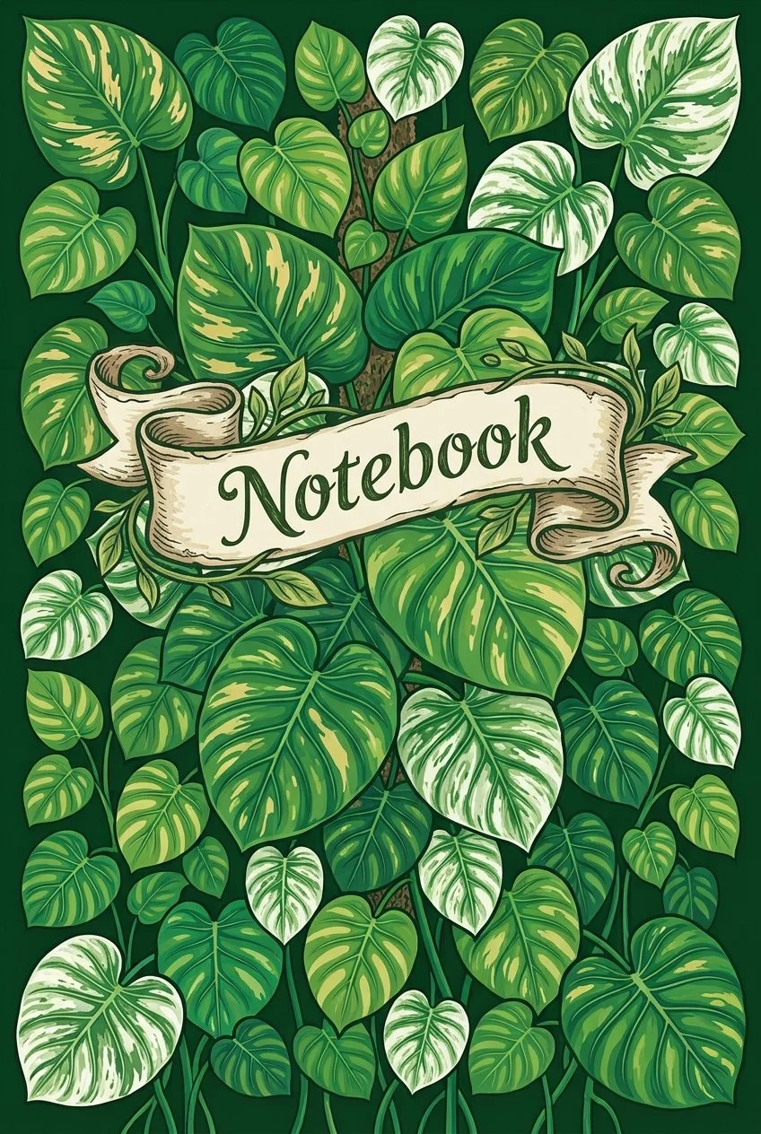 Green leafy plant background with a cream-colored ribbon banner in the center that reads 'Notebook' in cursive font.