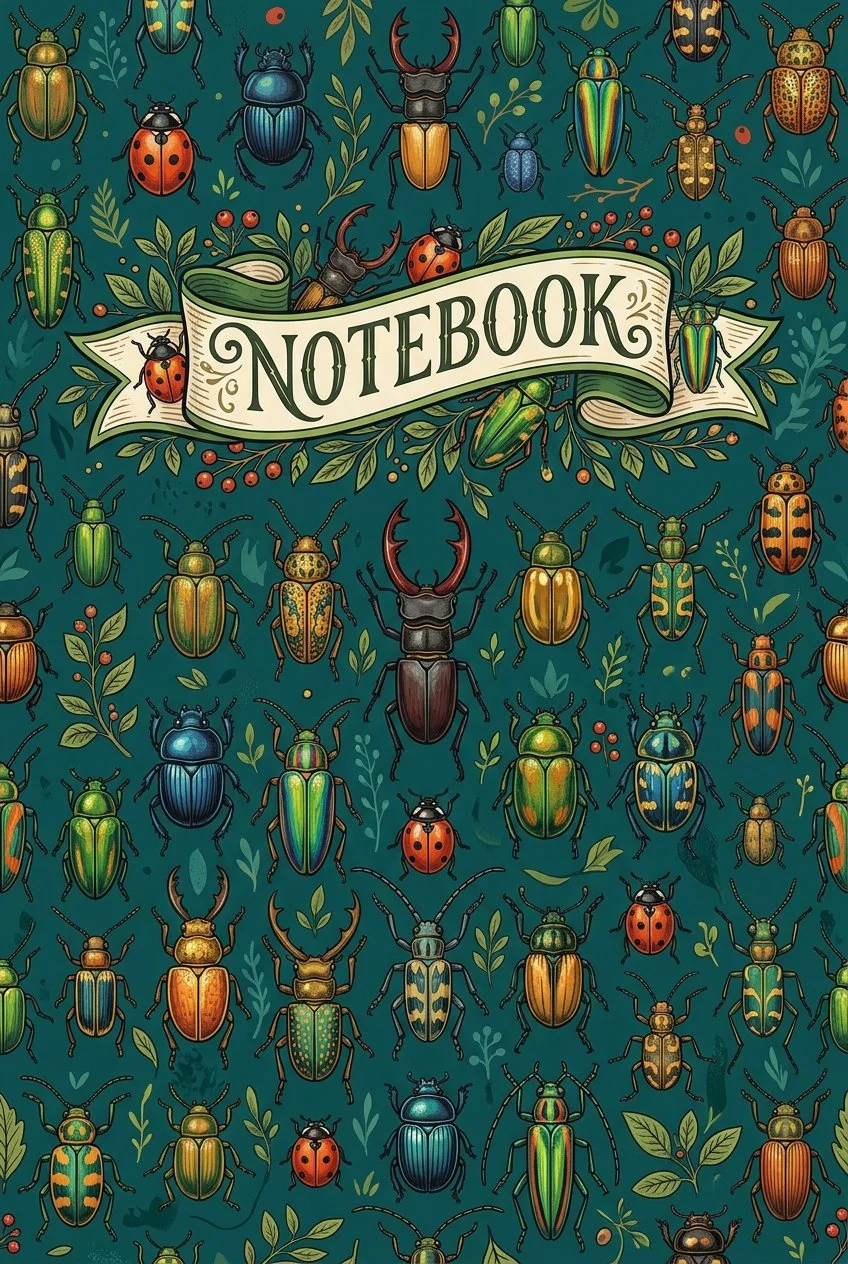 Colorful illustrated bugs, beetles, and insects surrounding a banner with the word "NOTEBOOK" on a teal background.