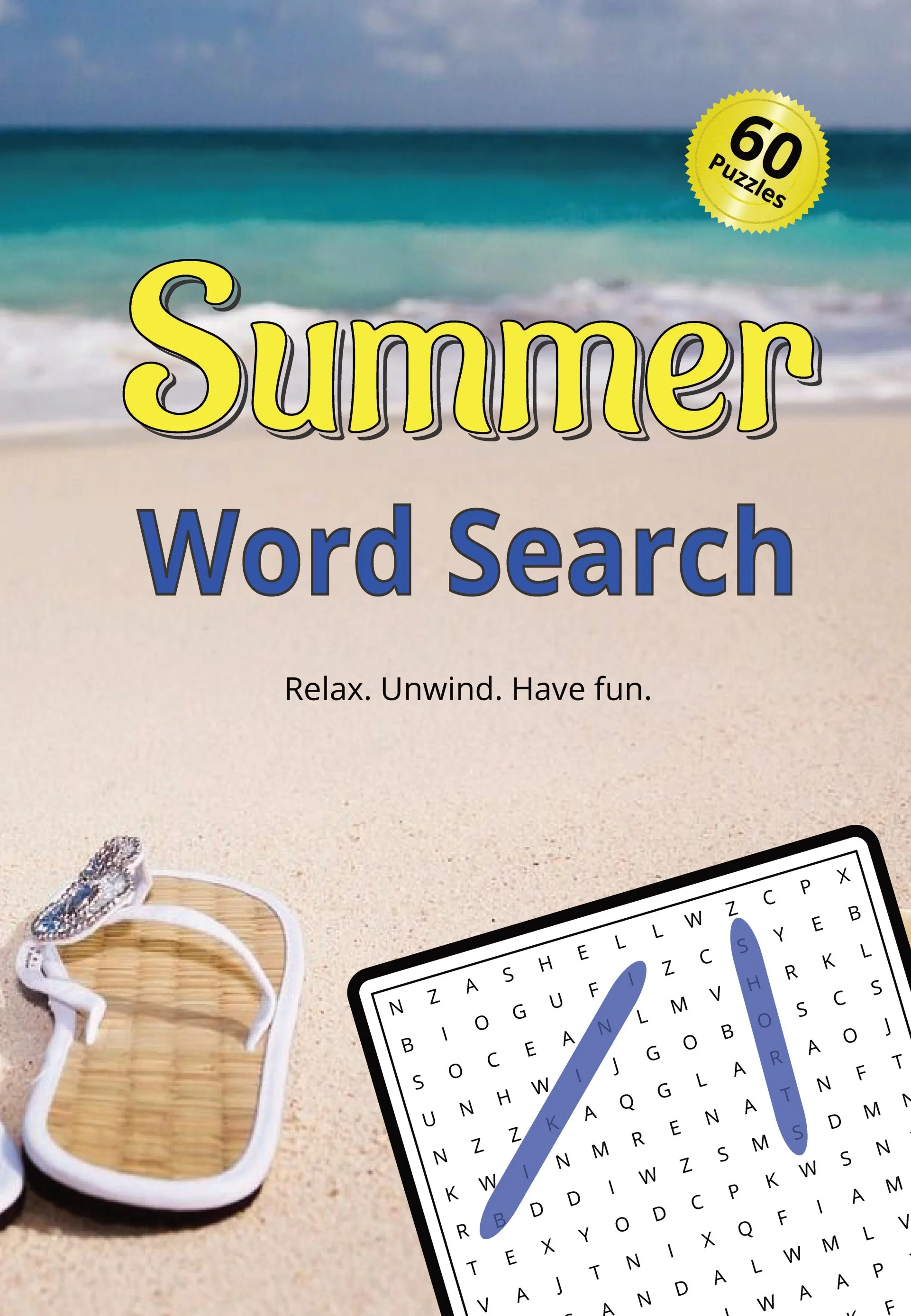 Beach scene with the word 'Summer' and 'Word Search' text, a pair of sunglasses, a ring, and a word search puzzle on a sandy beach with ocean waves in the background.