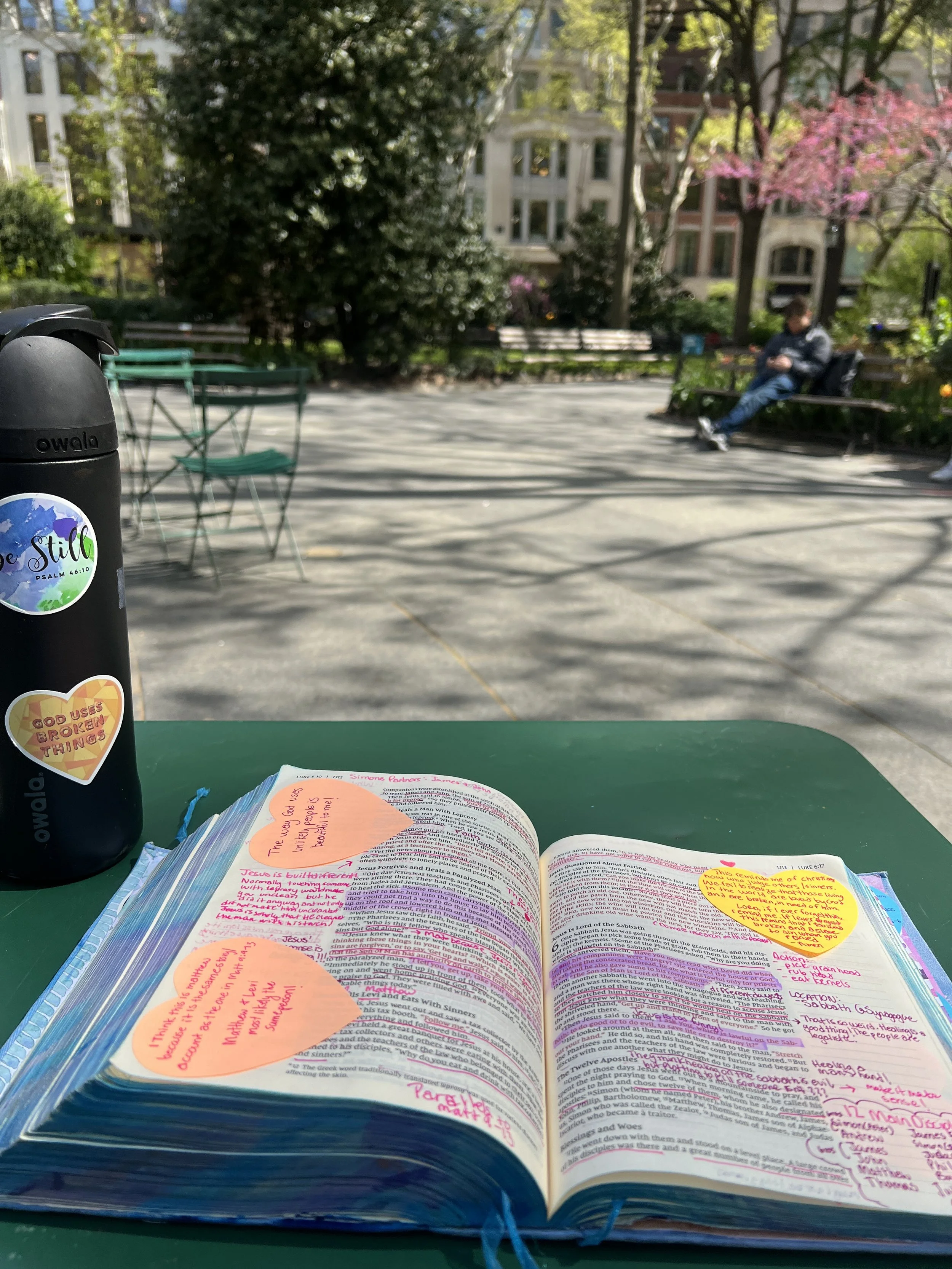 Open Bible on green table with pink highlighters and orange sticky notes, situated outdoors in a park with benches, trees, flowering plants, and buildings in the background. A person is sitting on a bench, looking at their phone.
