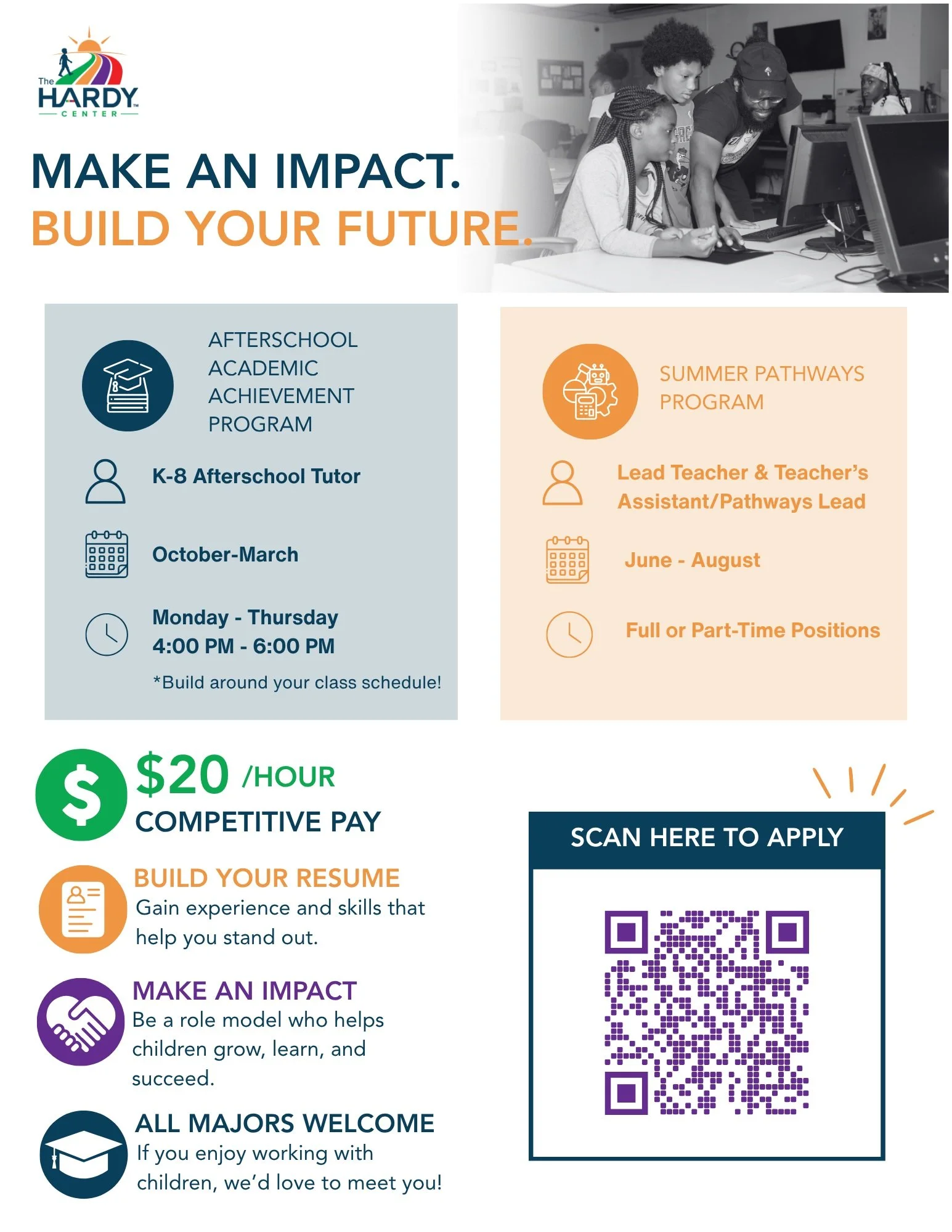 Want to work at The HARDY Center?

We&rsquo;re hiring afterschool tutors to join our Afterschool Academic Achievement Program.

Help HARDY Kids build academic proficiency, confidence, and the skills they need to turn learning into purpose.

Apply now