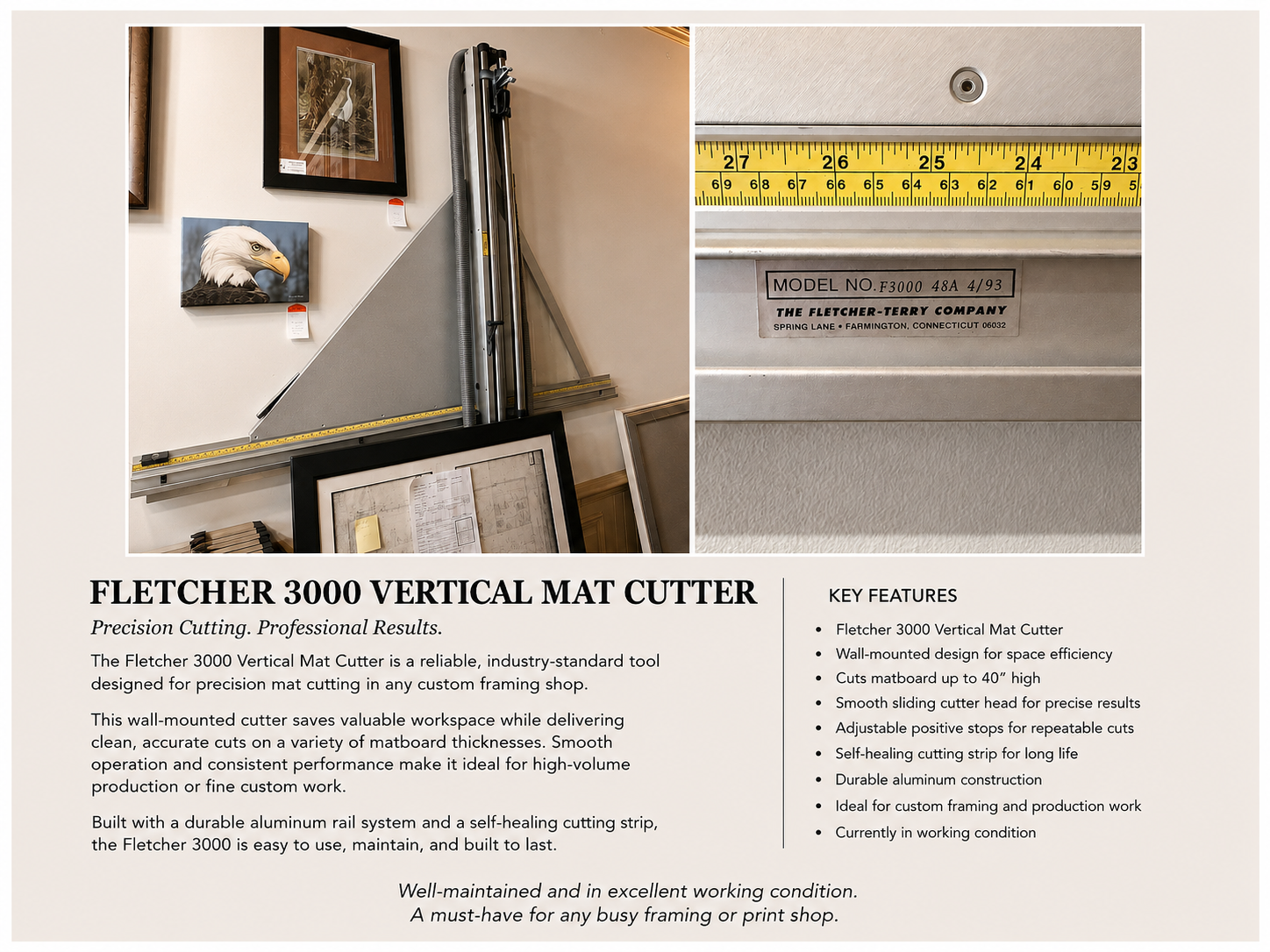 Product description for the Fletcher 3000 Vertical Mat Cutter, showing the tool, a measuring tape, and description details.