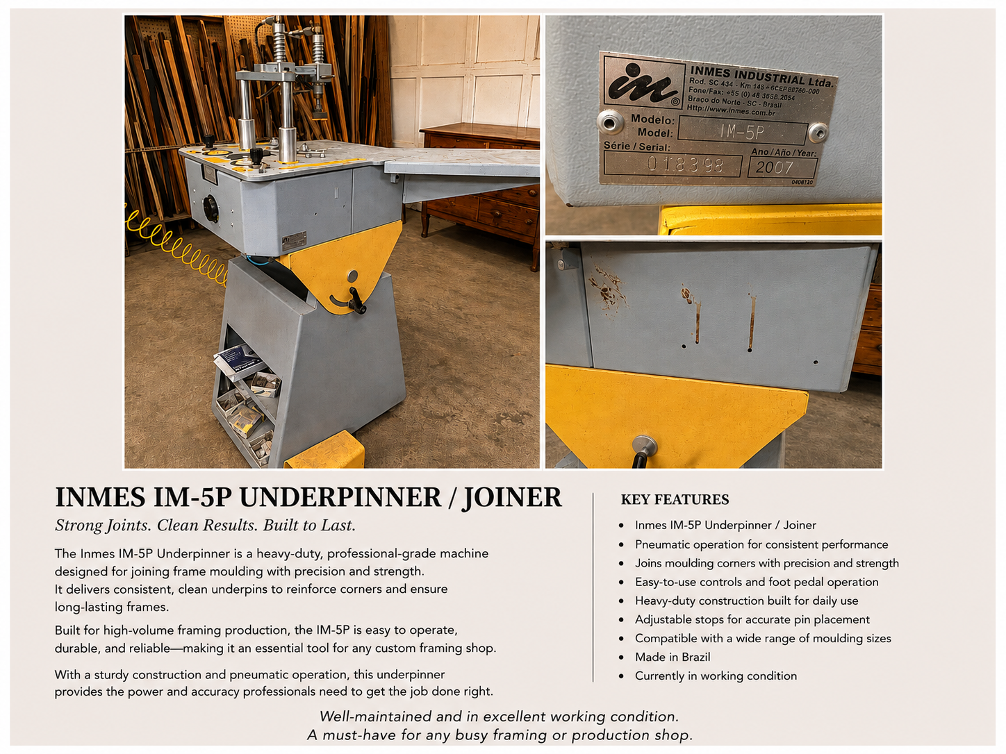 A heavy-duty INMES IM-5P underpinner / joiner machine in a workshop setting, with multiple control knobs and a yellow pneumatic hose. The image includes close-ups of the machine's model and serial number information, showing the model as IM-5P and serial number 018398, manufactured in 2007.