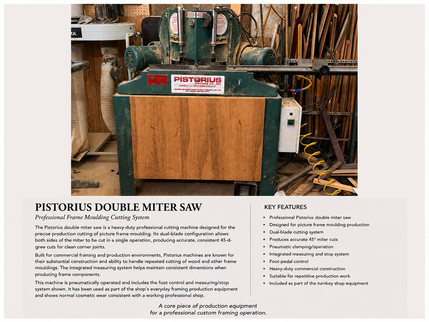 A Pistorious double miter saw in a woodworking shop with wooden walls and scattered wood pieces, featuring a green and black machine with a large wooden cover.