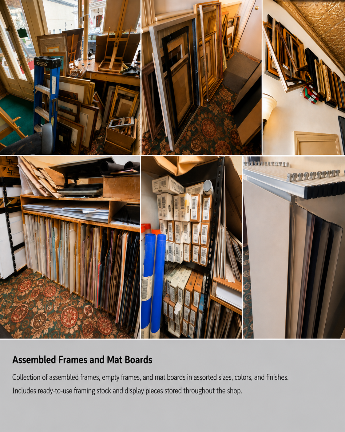 Various assembled frames, empty frames, and mat boards organized on shelves and display areas in an art supply store, in different sizes, colors, and finishes.