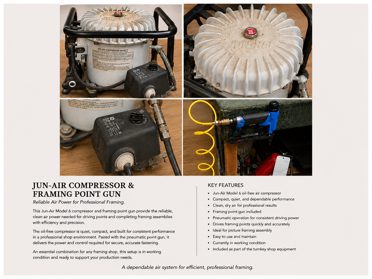 Collection of images of Jun-Air Model 6 oil-free air compressor and framing point gun, showing various angles and components, with text describing key features of the equipment.