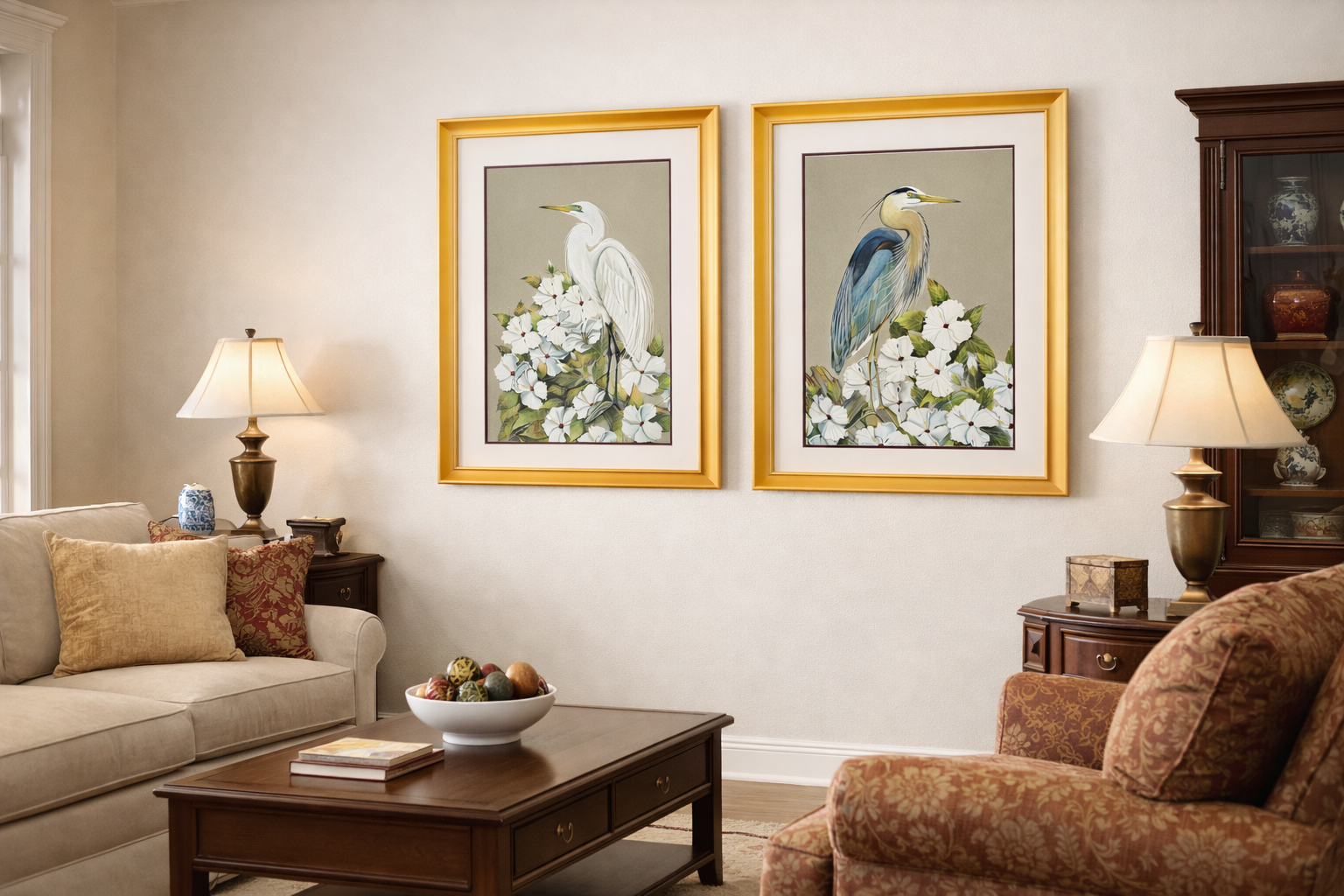 Living room with two framed bird illustrations on the wall, beige sofa with multiple pillows, armchair with pattern, wooden coffee table with a bowl of decorative balls, lamps, book, and a wooden cabinet with decorative plates.