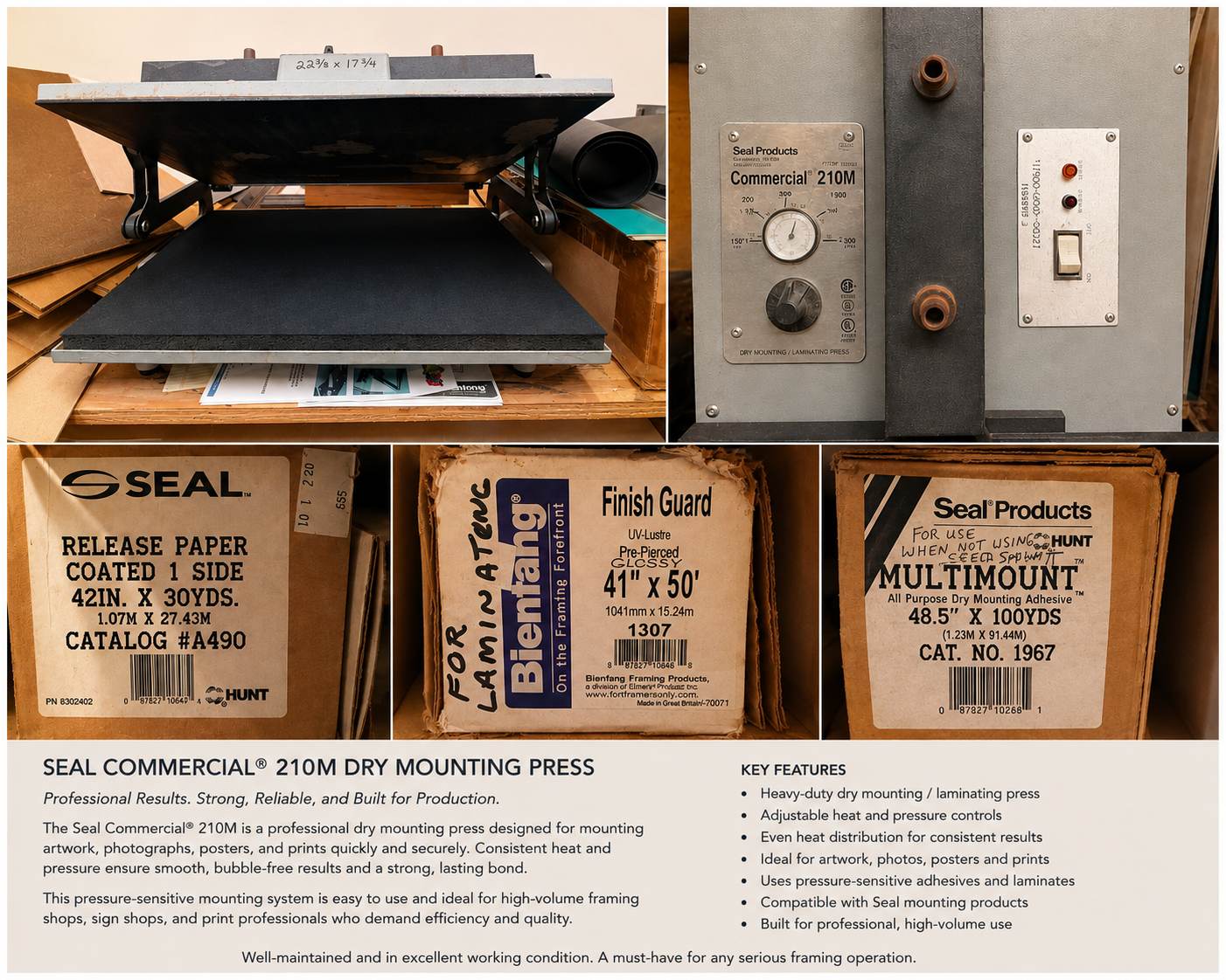 Image of a professional dry mounting press, labeled 'Seal Commercial 210M,' with various mounting supplies nearby, including release paper and finish guard packets.