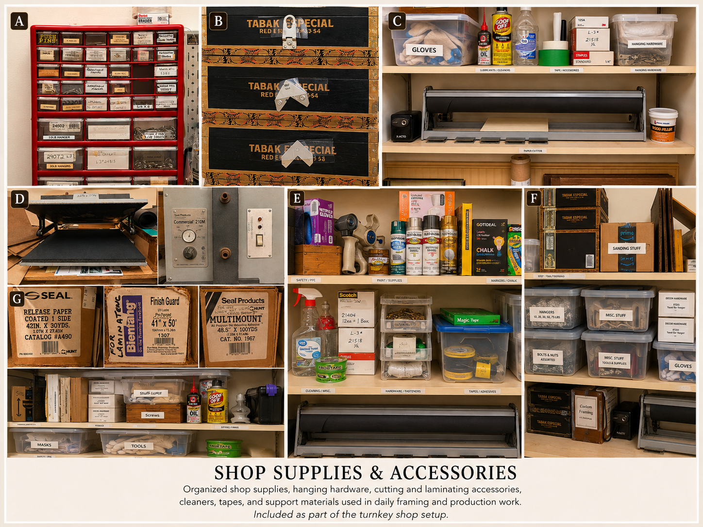 Organized shop supplies and accessories including storage boxes, spray bottles, tapes, tools, and hardware in a workshop setup.