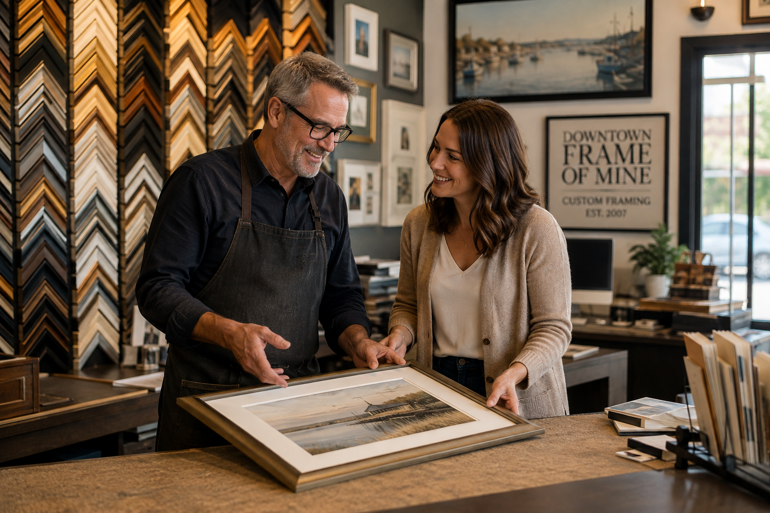 A man and woman inside a framing shop looking at a framed picture of a lakeside landscape. The man wears glasses and a black apron, and the woman is smiling and wears a beige cardigan. The shop's walls display various frames and artwork, and there is a sign that reads "Downtown Frame of Mine."