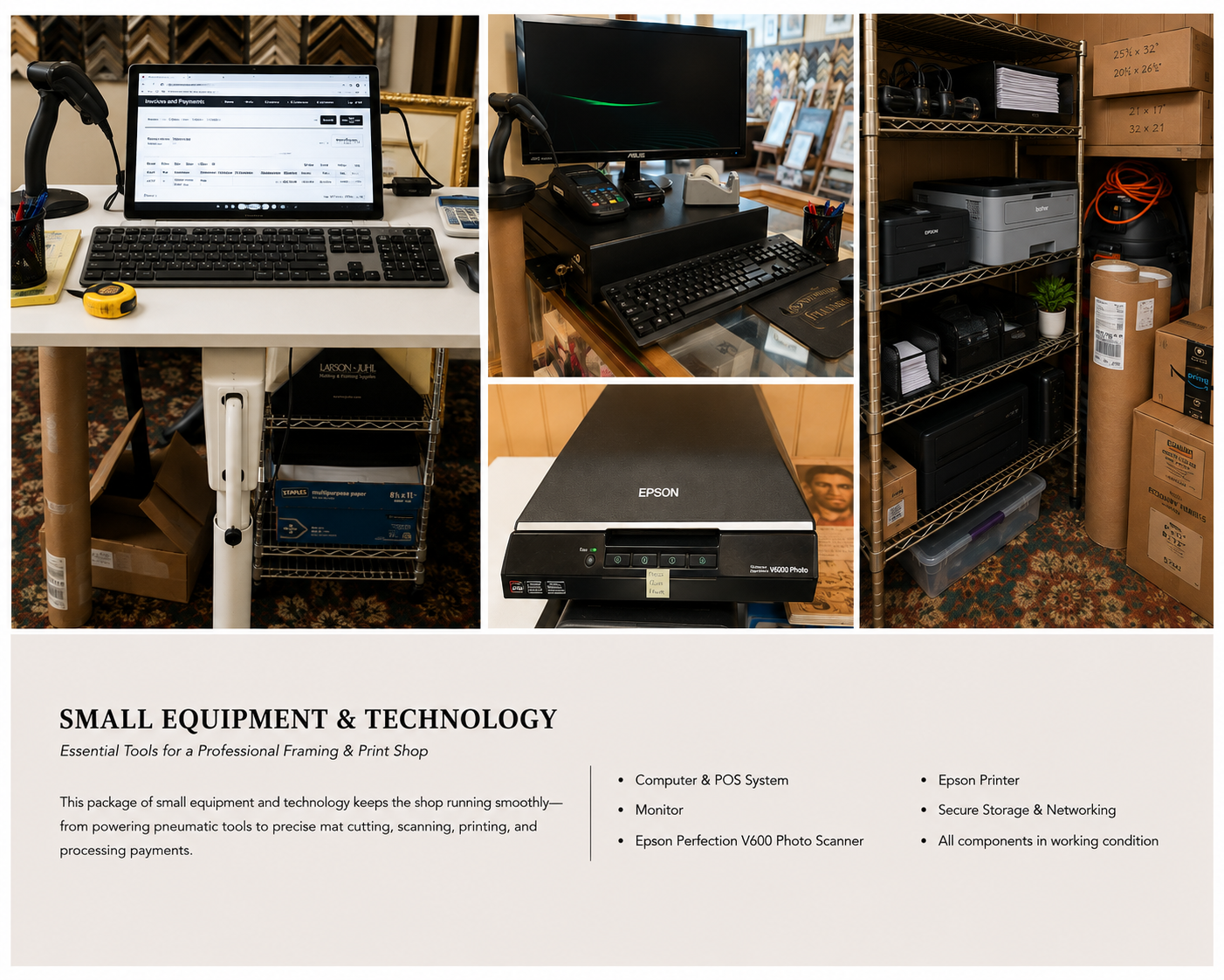 A collection of small equipment and technology used in a professional framing and print shop, including computers, monitors, printers, a scanner, and various storage shelves.