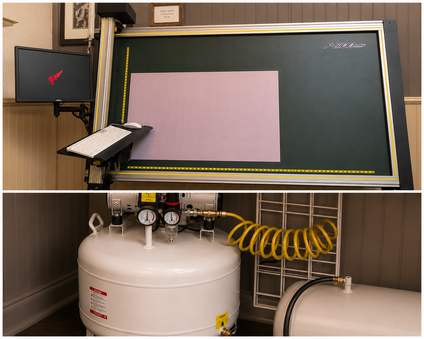 A crochet machine setup with a pink grid mat on a green surface, a computer monitor, and a keyboard. Below, there's a large white air compressor with gauges, yellow coiled tubing, and other pneumatic equipment.