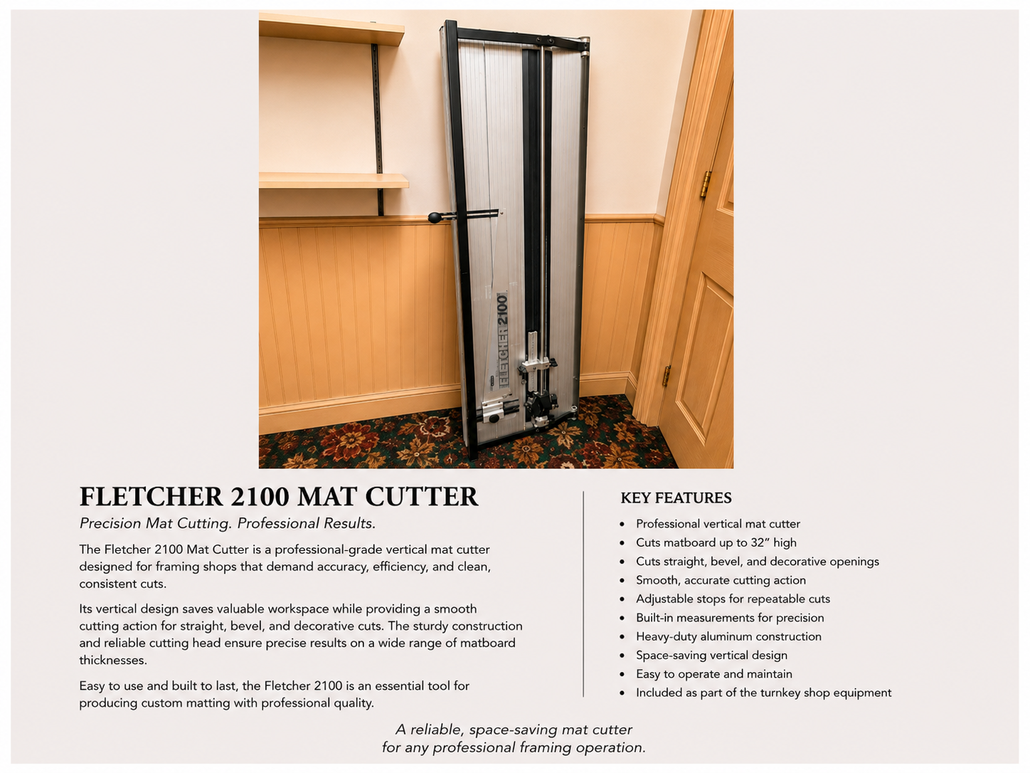 Product information sheet for the Fletcher 2100 Mat Cutter showing an image of the vertical mat cutter with a black and silver frame, positioned in a room with wooden paneling and shelves.