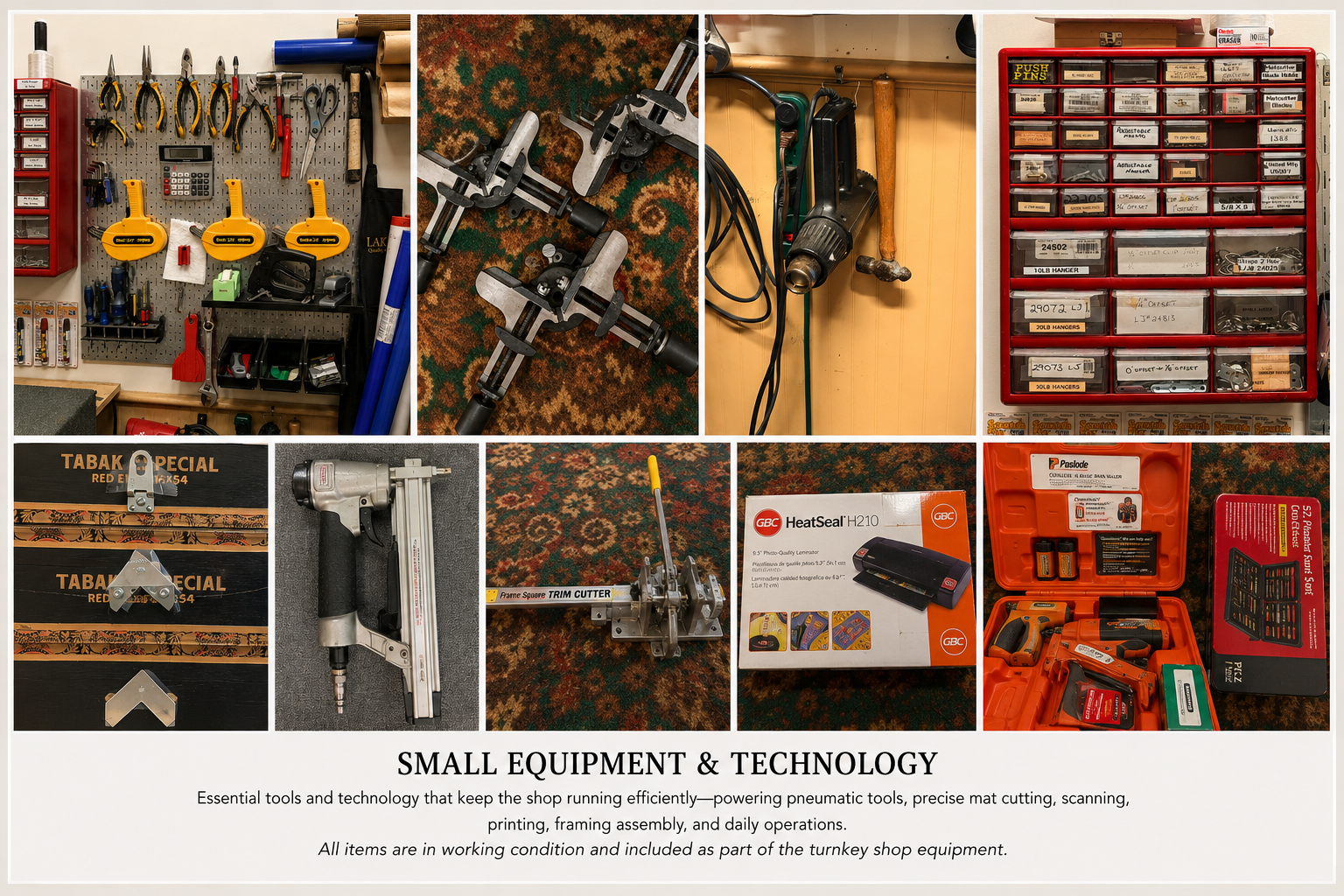 Collage of small equipment and tools used in a workshop or manufacturing shop, including a pegboard with hand tools, clamps, a heat gun, a box of tools, a pneumatic nail gun, a trim cutter, a heat sealer, and various storage boxes. Title: Small Equipment & Technology.