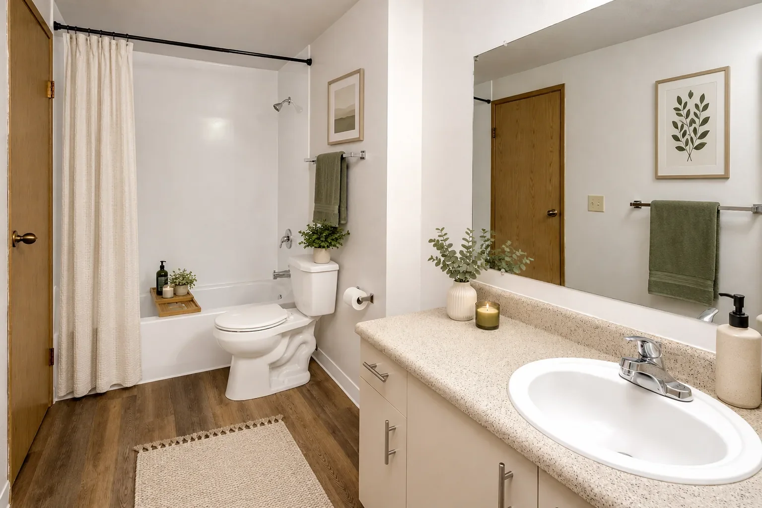 A clean, modern bathroom with a vanity, sink, large mirror, toilet, and a tiled bathtub with a shower. Decor includes plants, framed artwork, candles, and a soap dispenser.