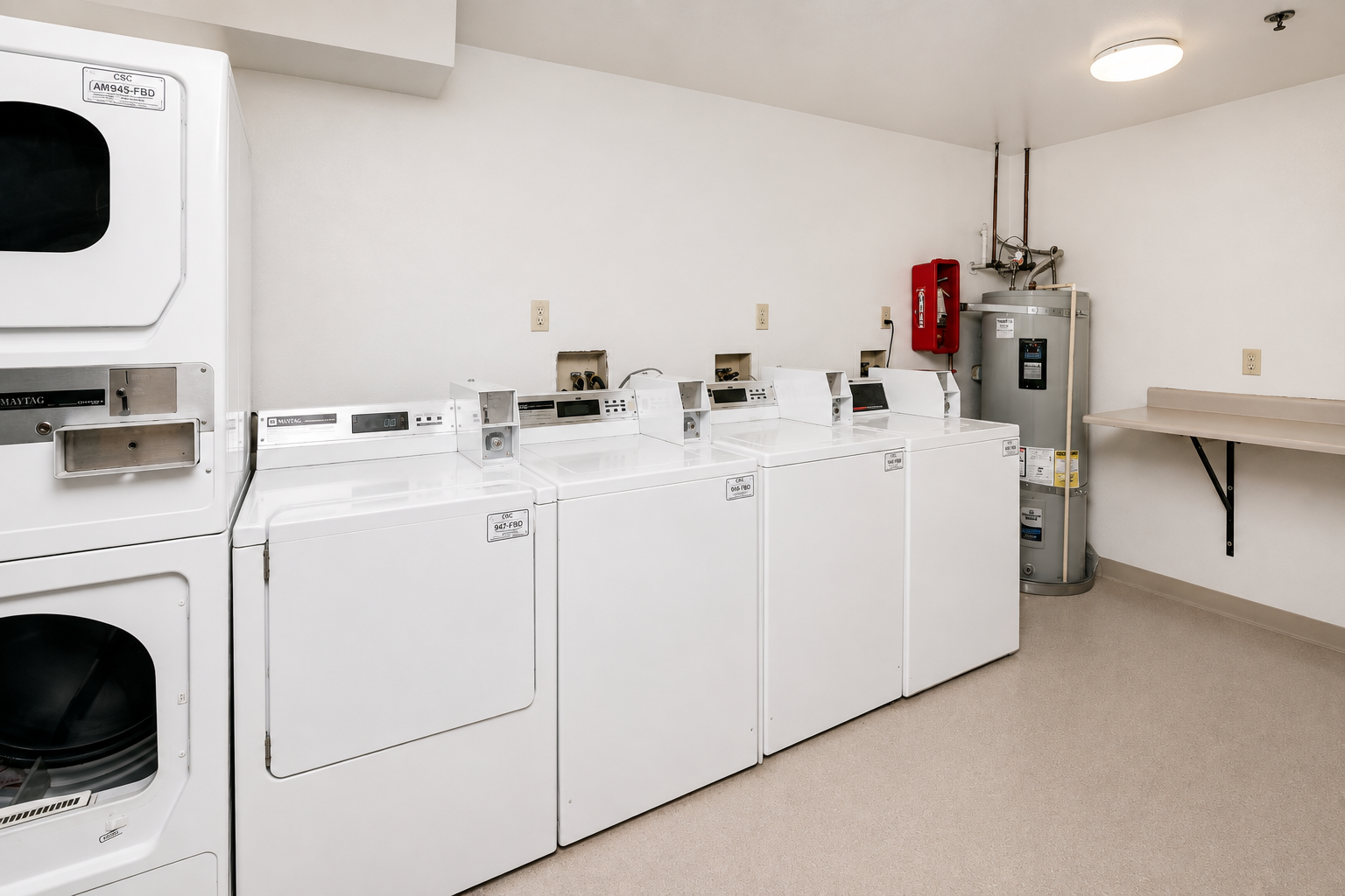 Laundry room with washing machines, a dryer, a water heater, a fire extinguisher, and a folding table.