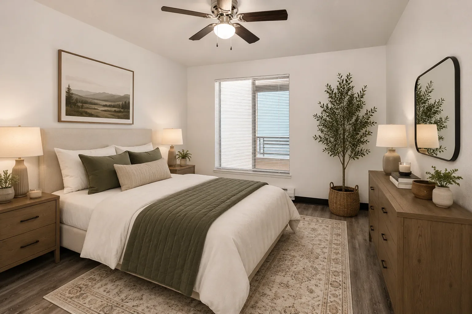 A cozy, modern bedroom with a king-sized bed, beige upholstered headboard, and green bedding. Two wooden nightstands with lamps and plants flank the bed. A ceiling fan is above, and a large window with blinds and a view of a balcony is behind the bed