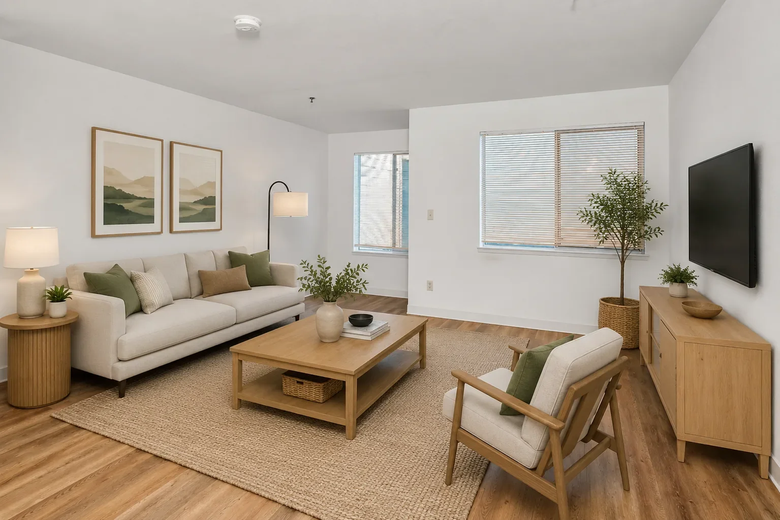 Living room with a beige sofa, wooden coffee table, armchair, TV mounted on wall, potted plants, and natural light from windows with blinds.