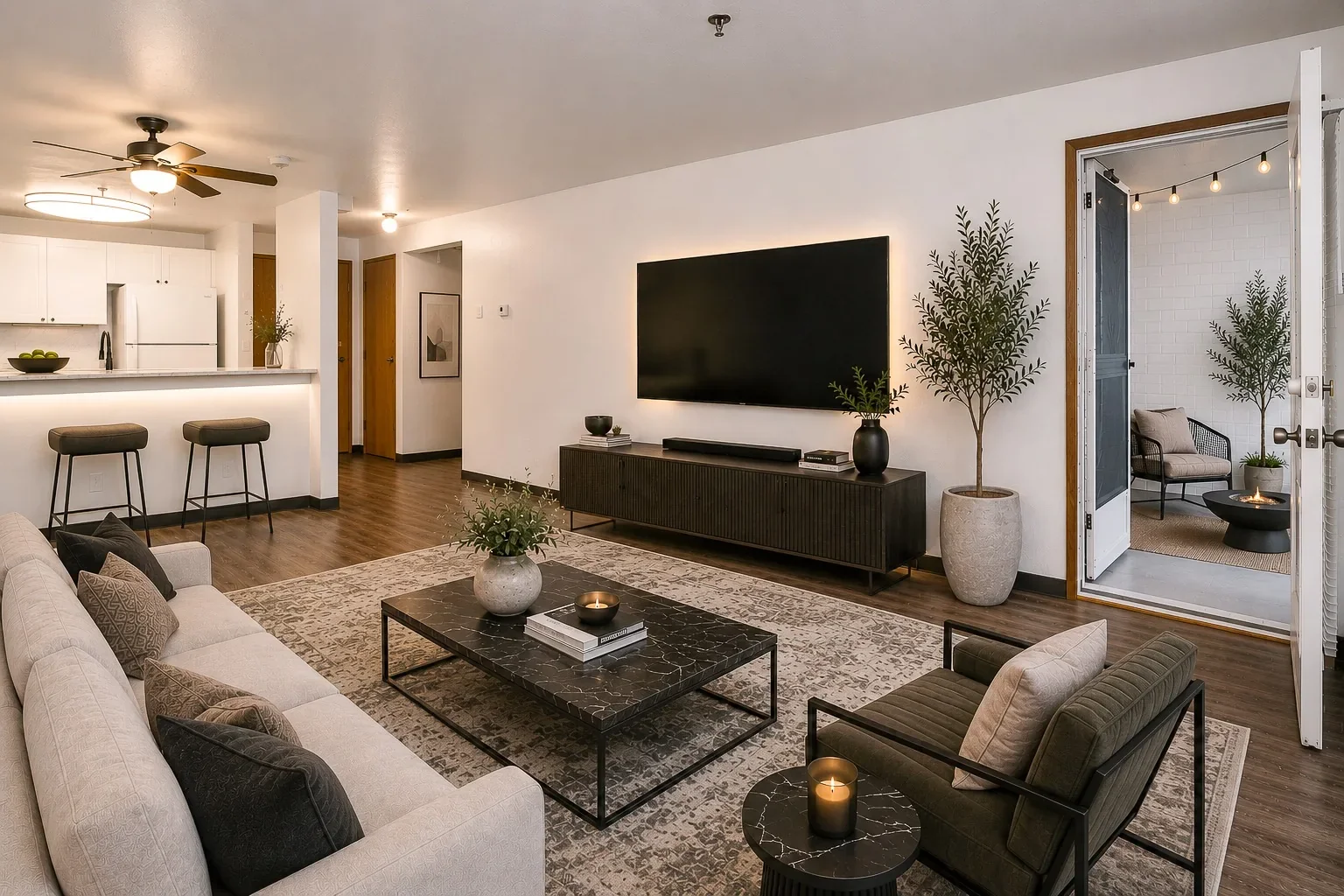 A modern living room with a white sofa, black armchair, and coffee table, a TV mounted on the wall, and a small balcony with outdoor seating and string lights.
