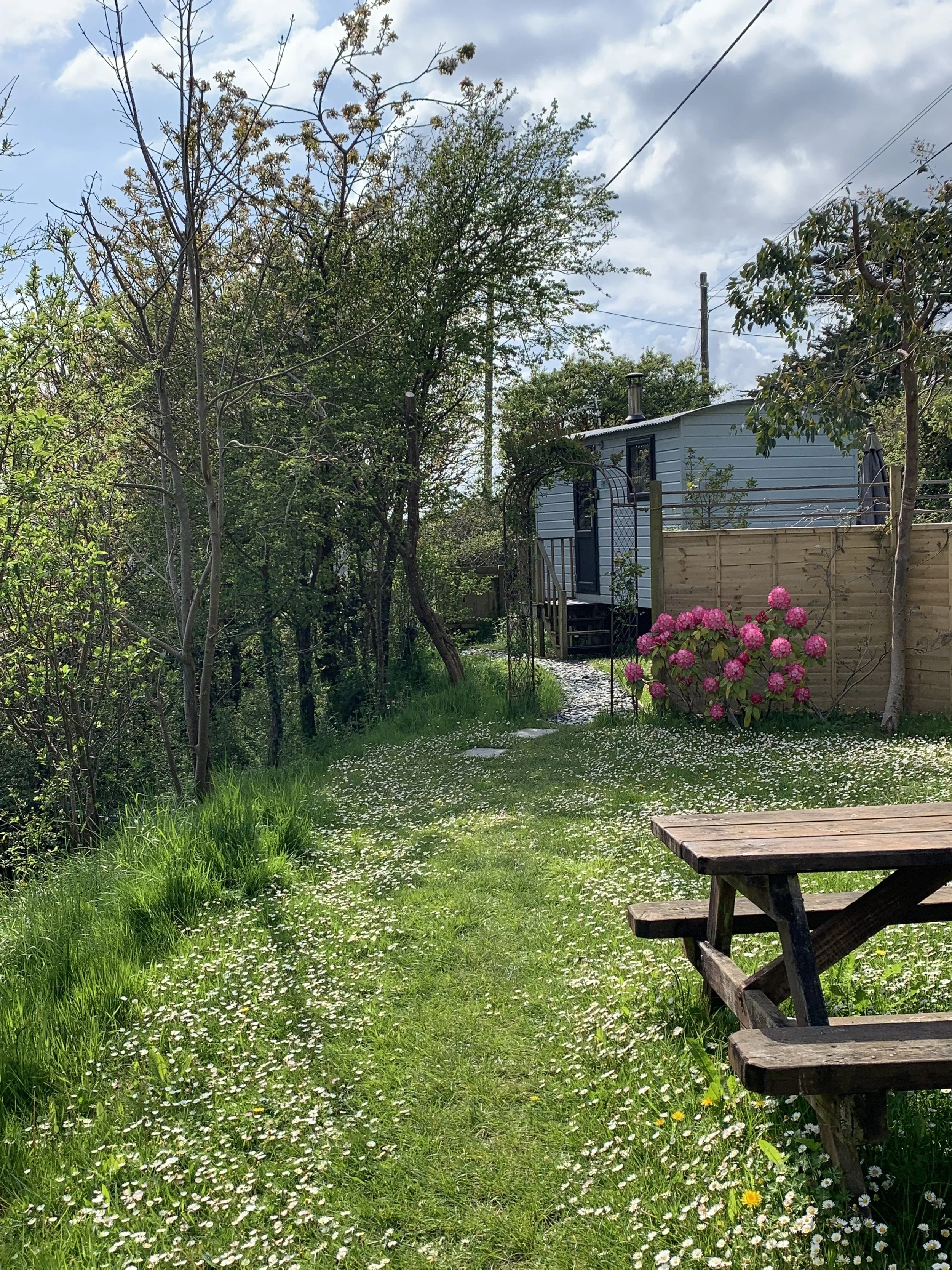 A lush green backyard garden with white and pink flowers, wooden picnic tables, and a small gray house with a fence. Trees and bushes surround the area, and the sky is partly cloudy.