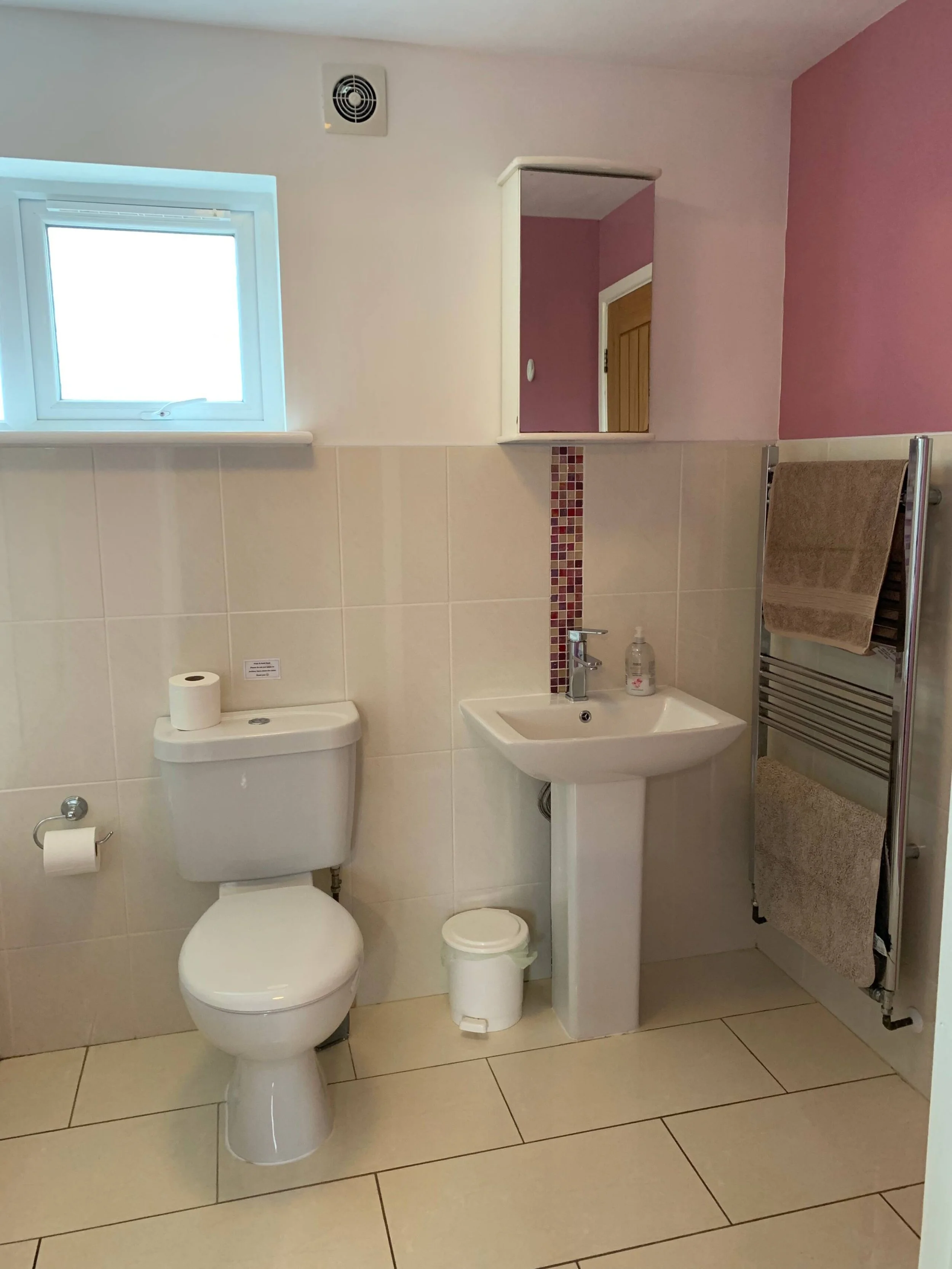 Sunnyridge downstairs bathroom with a toilet, small sink, mirror cabinet, window, and towel rack with a beige towel.