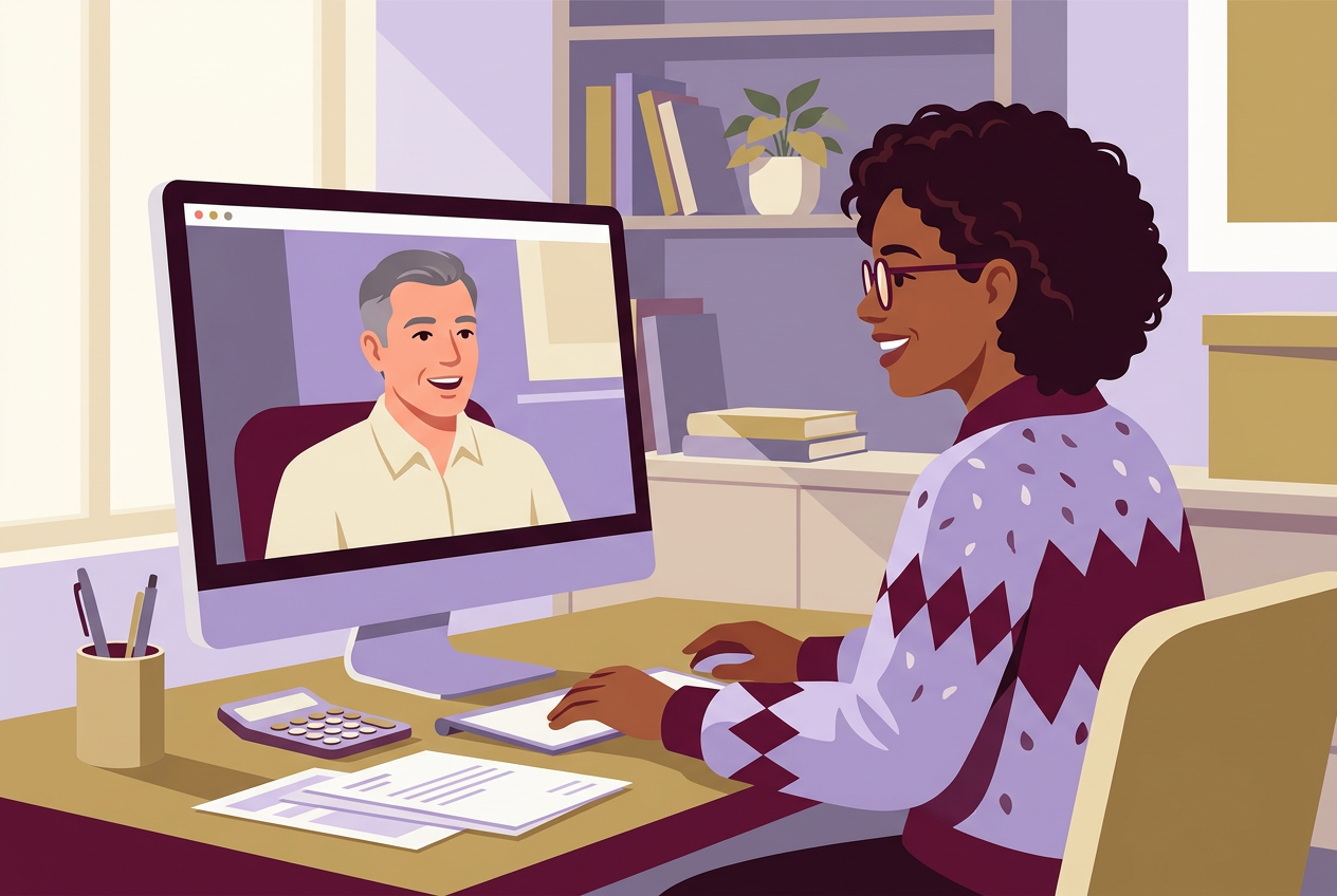 Illustration of a small-business owner meeting with a bookkeeper by video call, with a calculator and financial papers on the desk.