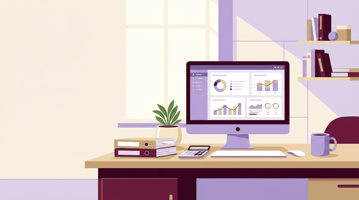 Illustrated home-office workspace with desktop computer displaying a financial dashboard, calculator, and bookkeeping documents.