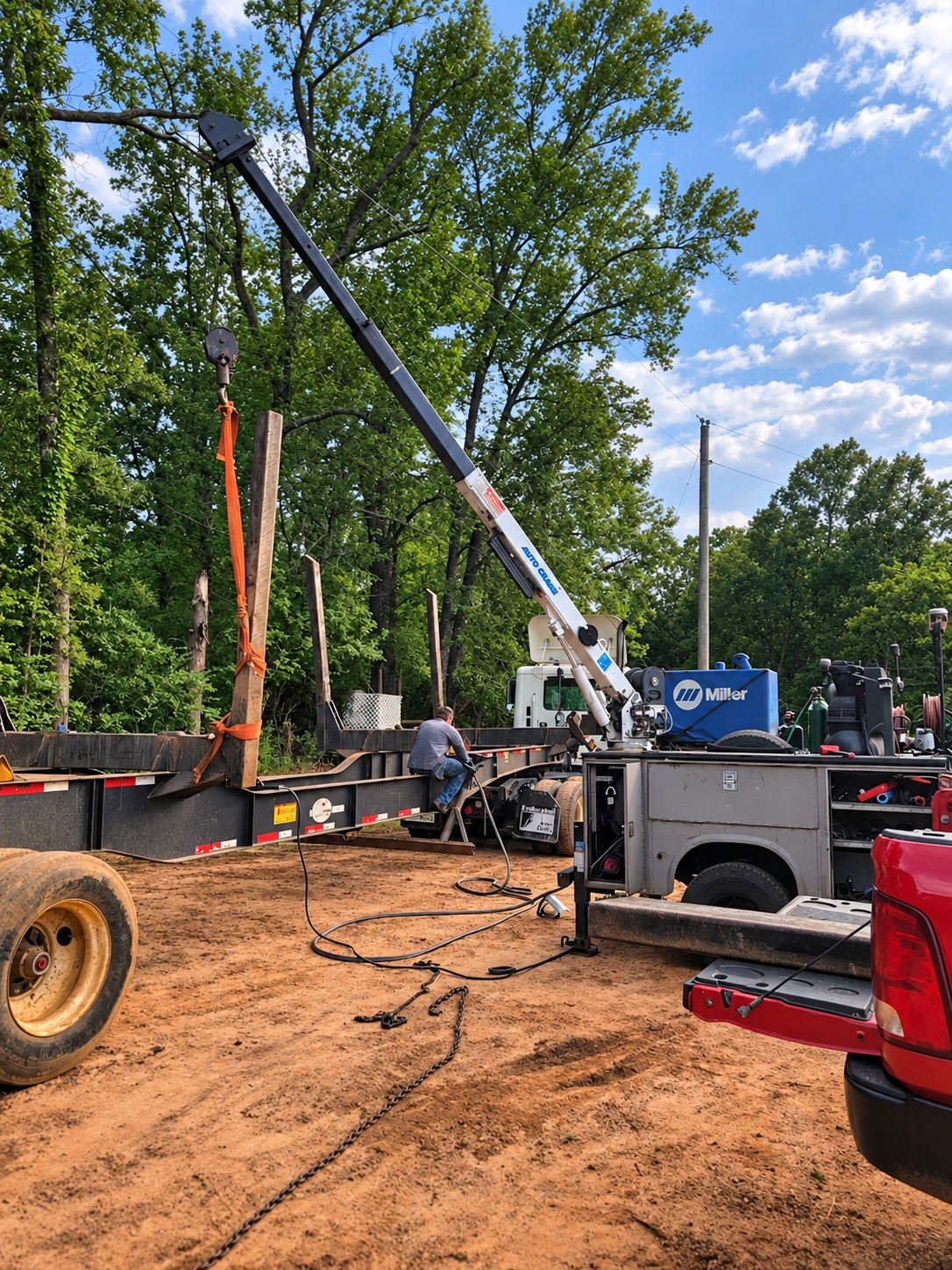 Service truck with its crane extended beside a trailer and a technician working on the frame.