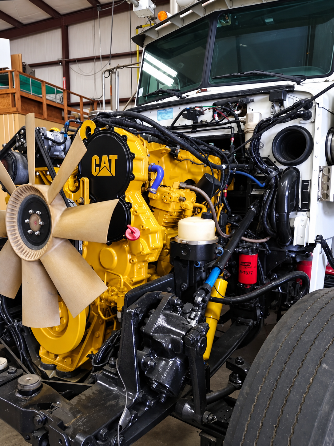 Yellow CAT engine in a truck chassis with its cooling fan, hoses and wiring exposed.