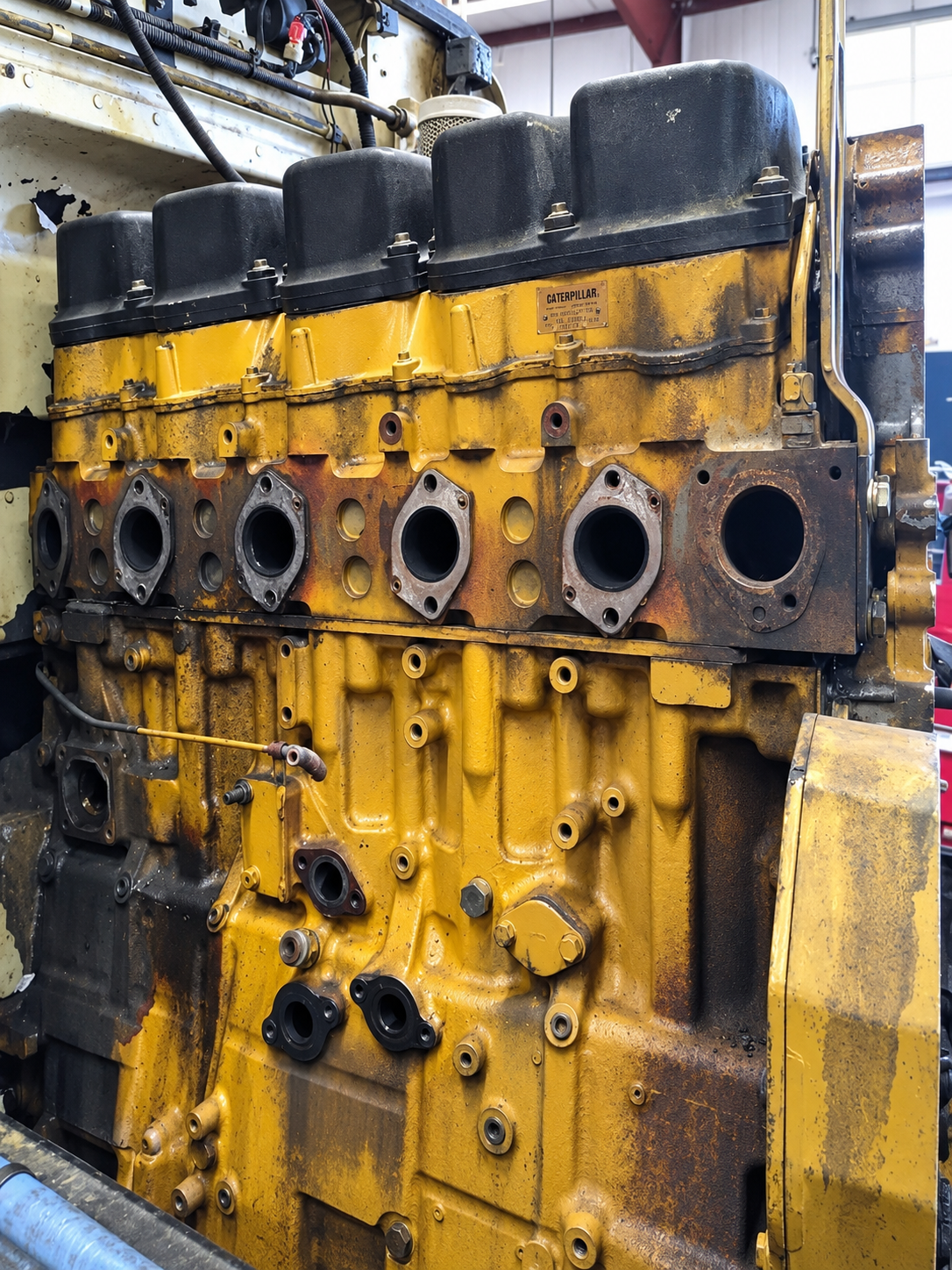 Side view of a yellow Caterpillar diesel engine with the exhaust manifold removed.