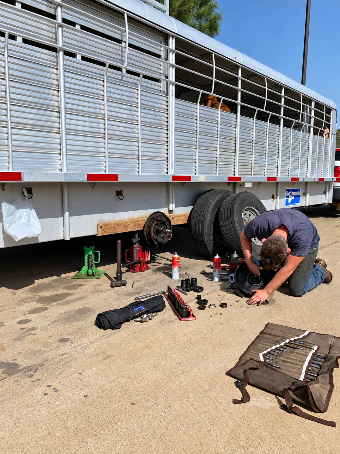 Technician working on a wheel hub beside a livestock trailer with its wheels removed.