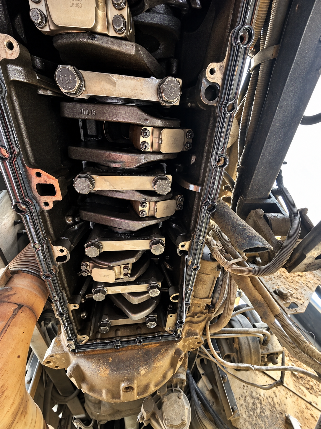 Underside of a diesel engine showing the crankshaft and bearing caps with the oil pan removed.