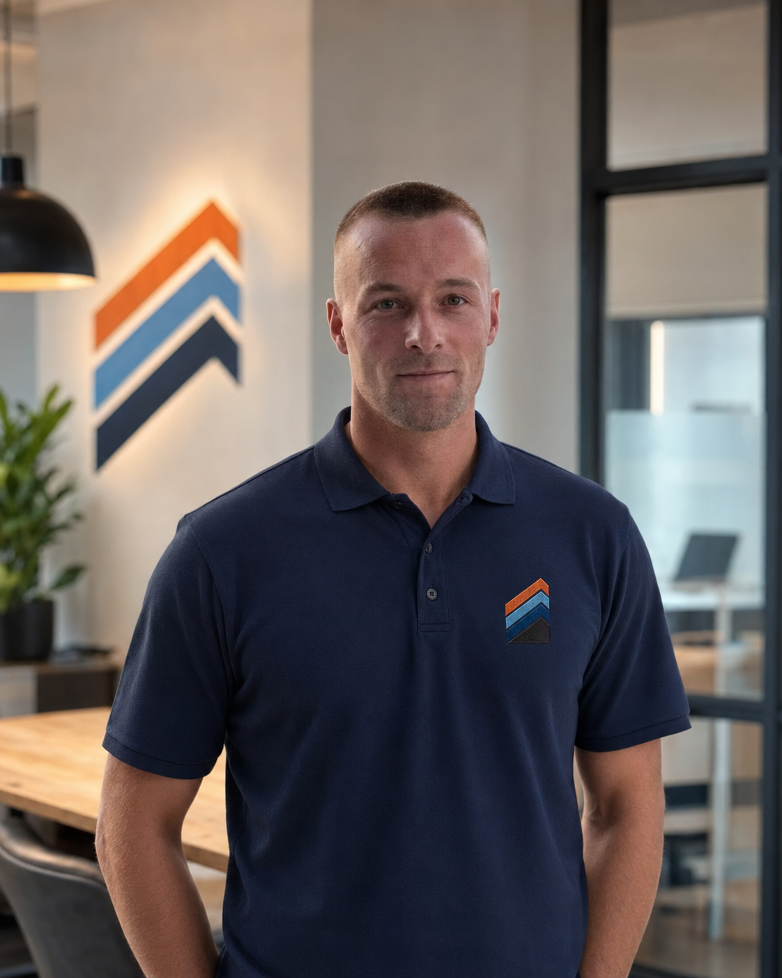 Ein Mann steht in einem modernen Büro, trägt ein dunkelblaues Poloshirt mit einem Logo auf der Brust, im Hintergrund sind geometrische Wanddekorationen und ein Tisch sichtbar.